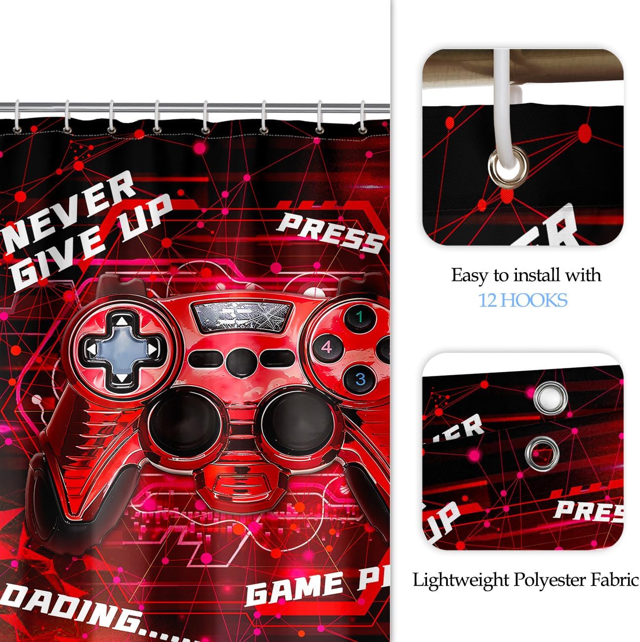 Gaming Shower Curtain for Boys - 60x72 Red Set with 12 Hooks