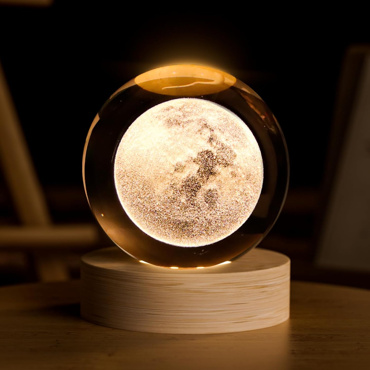 Moon Crystal Ball with LED Light and Wooden Base