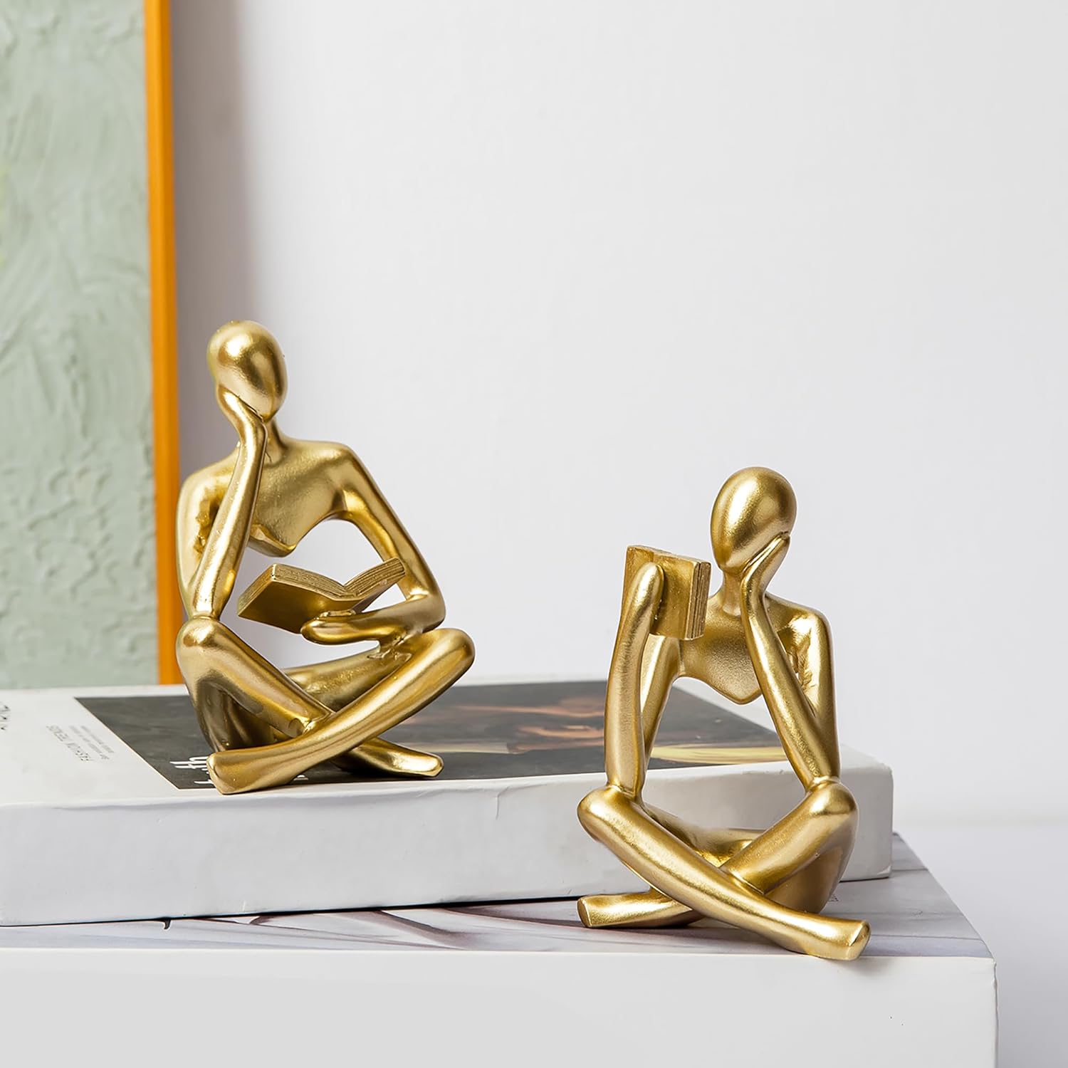 Reading Thinker Statue Set of 2 Modern Abstract Art Decor