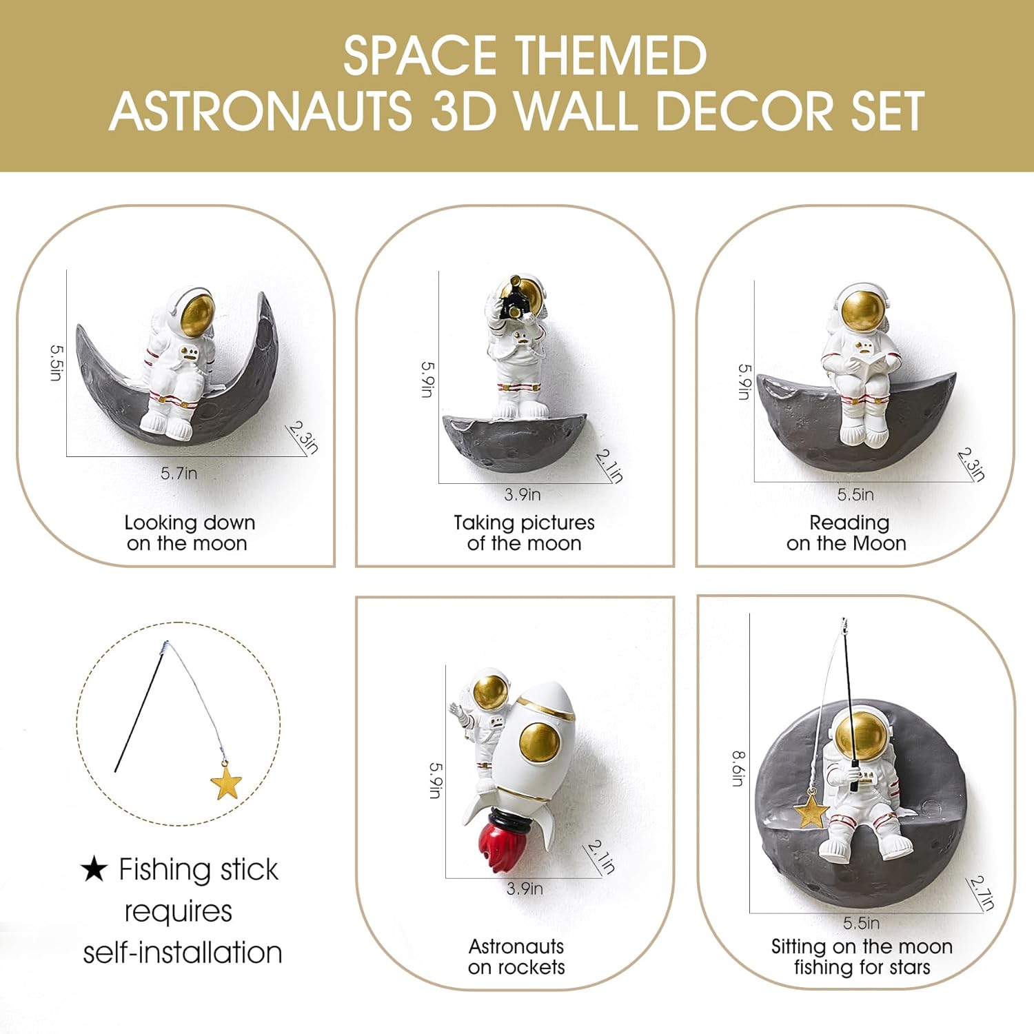 FJS Astronaut Wall Decor Set of 5 3D Space Art