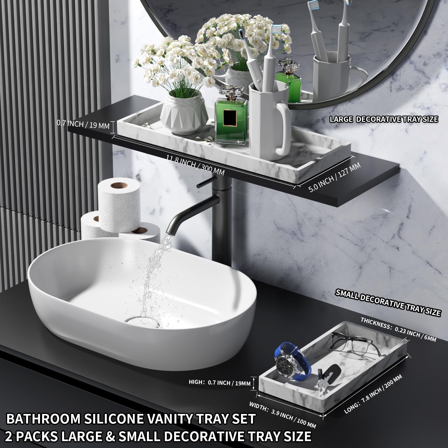 BBK Silicone Vanity Tray 2 Pack - Marble Gray