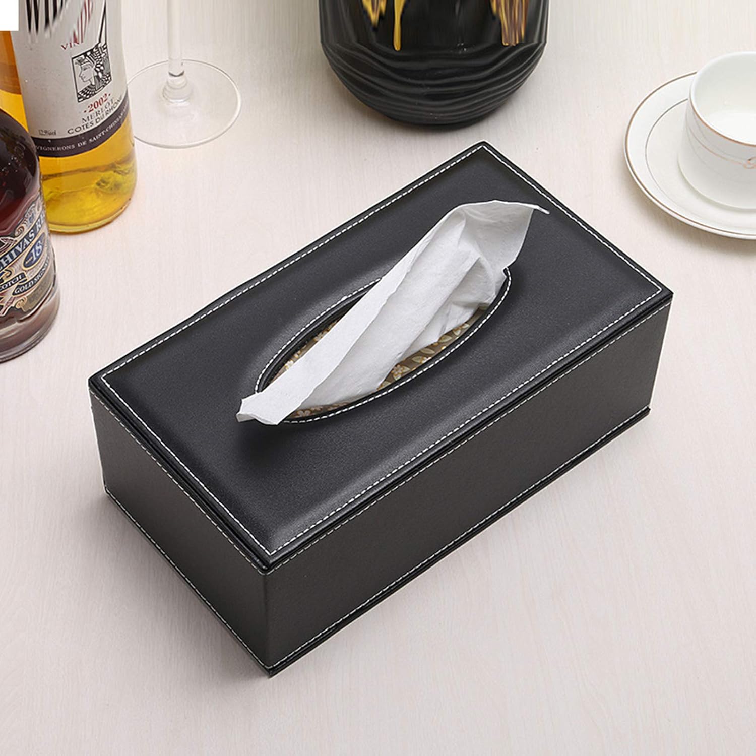 RHCSZ High-end PU Leather Tissue Box Holder Black