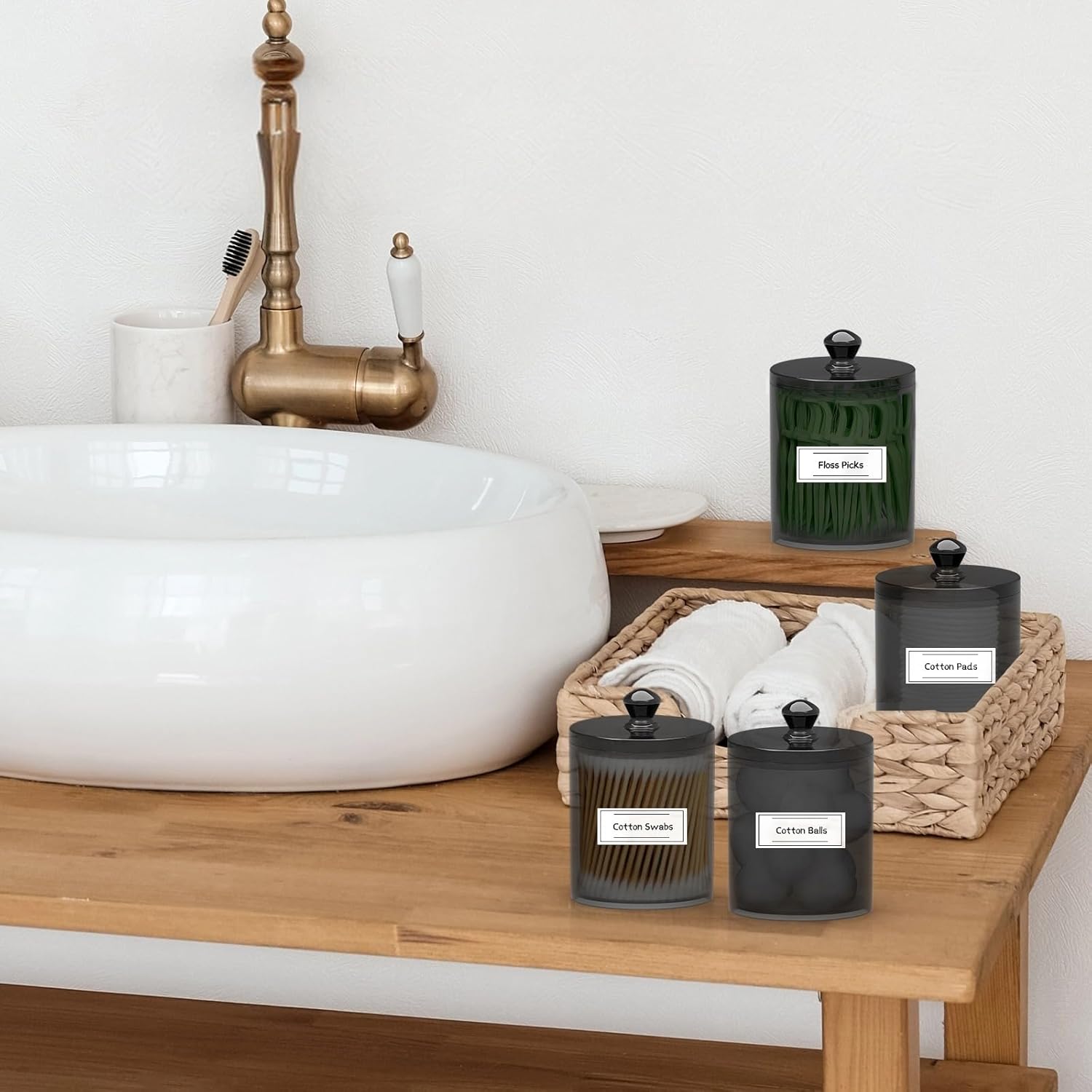 MateeyLife 6 Pack Q-tip Holder Black Acrylic Canister with Lid for Cotton Balls Swabs Pads Home Decor Storage Set