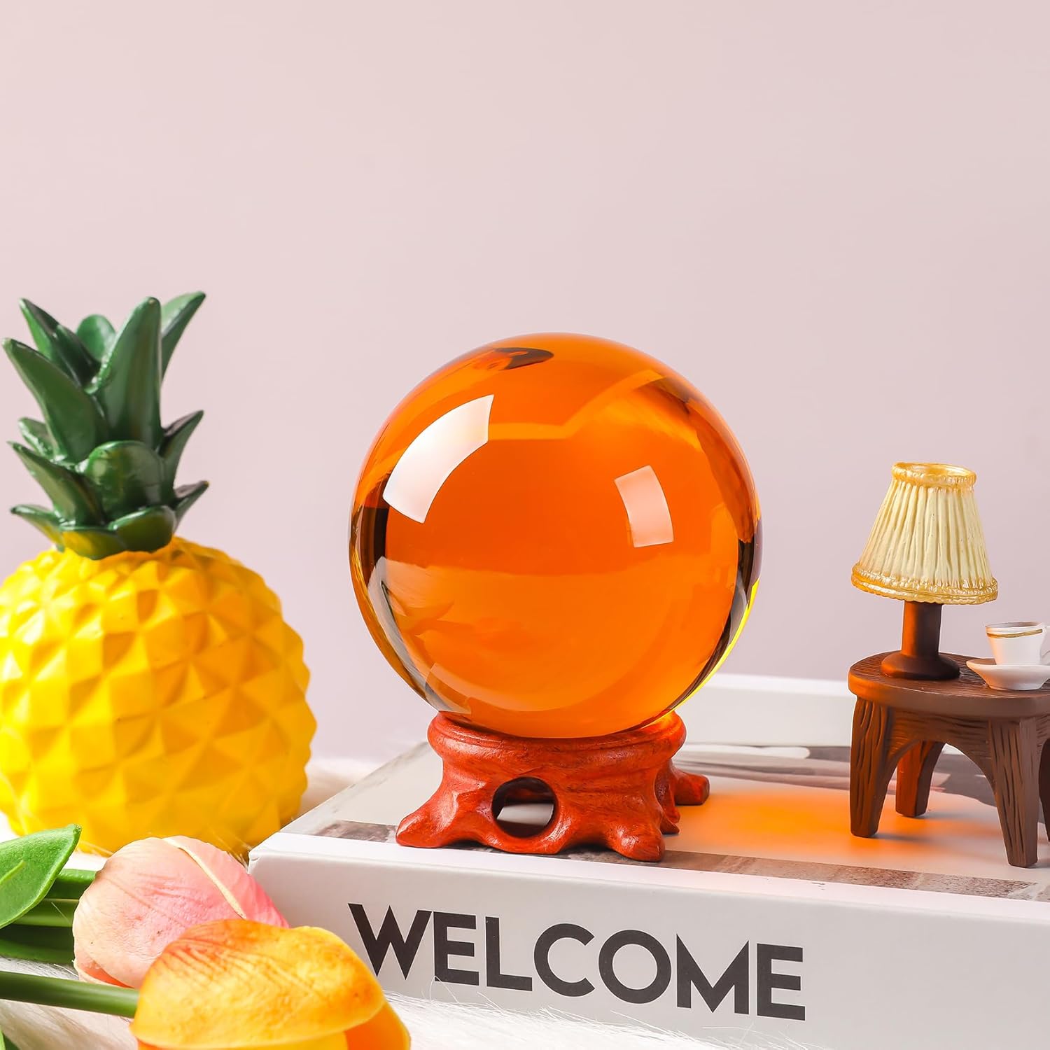 Modaier Small Amber Crystal Ball 60mm with Rose Stand and Gift Box