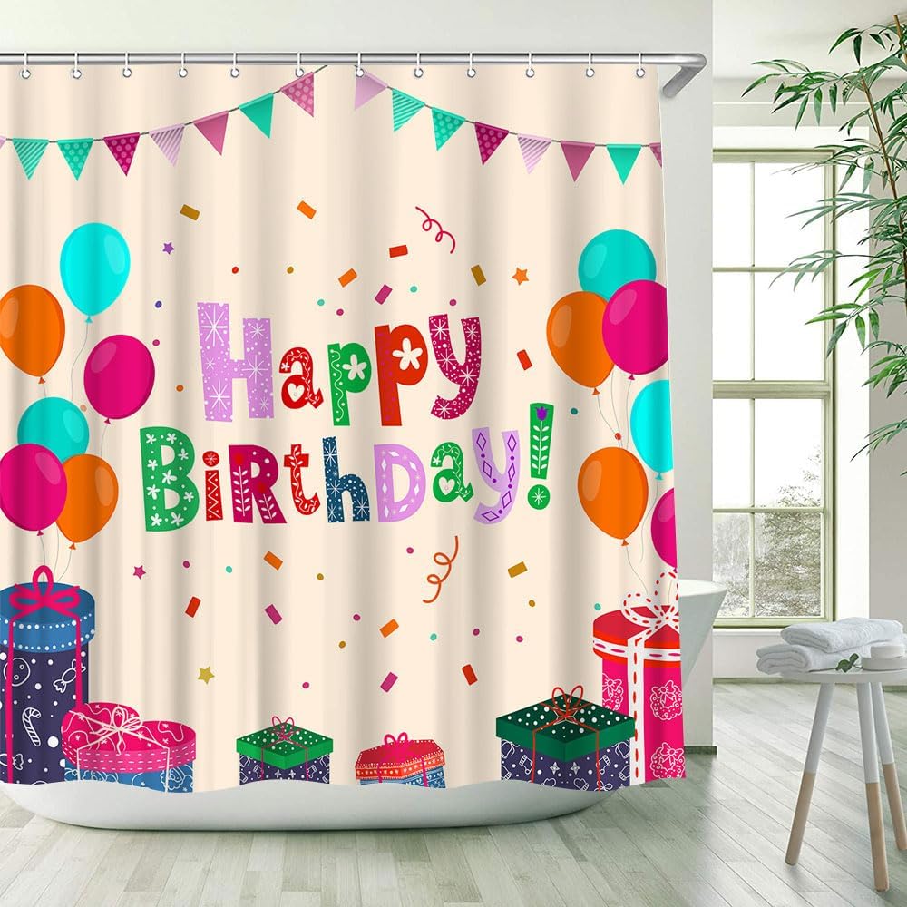 Happy Birthday Shower Curtain with Balloons and Stars for Boys Girls