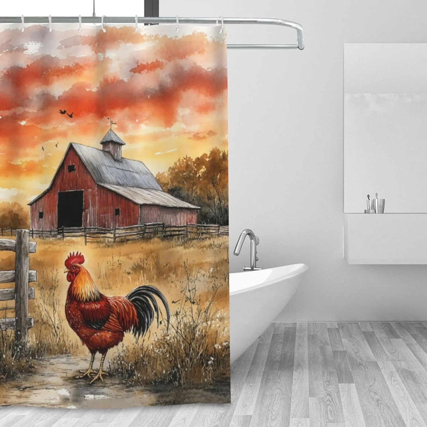 SCECALA Rustic Farm Barn Shower Curtain Red Barn Chicken Wood Fence 70x70 Inch