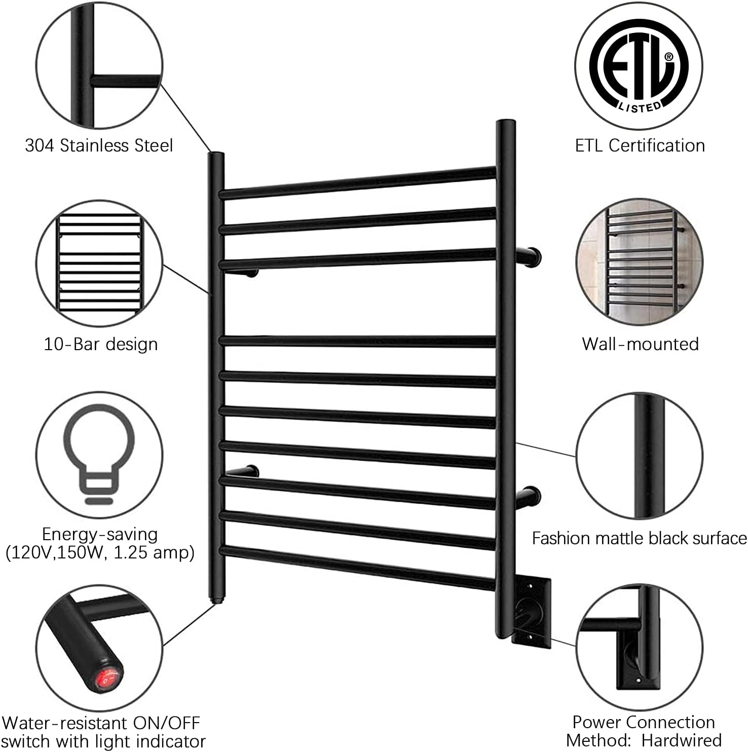 HEATGENE Matte Black Wall-Mounted Towel Warmer