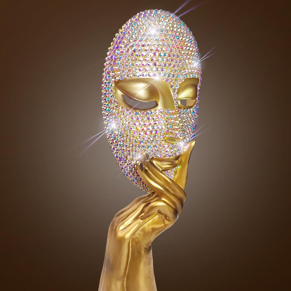 Bling Thinker Statue Golden Rhinestone Female Mask Sculpture for Home Office Decor