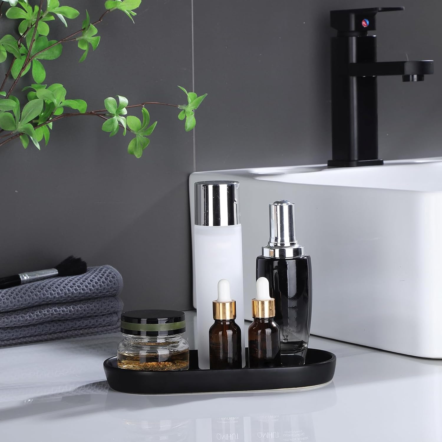 Matte Black Ceramic Soap Dispenser Tray - 8 Inch Vanity Organizer