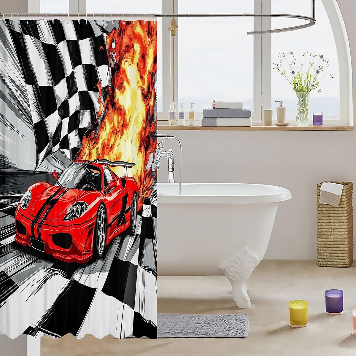 Feelyou Kids Red Race Car Shower Curtain Set 72x72