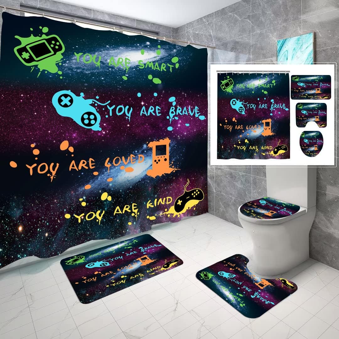 ALEXEX 4 PCS Star Outer Space Kids Shower Curtain Set with 12 Hooks