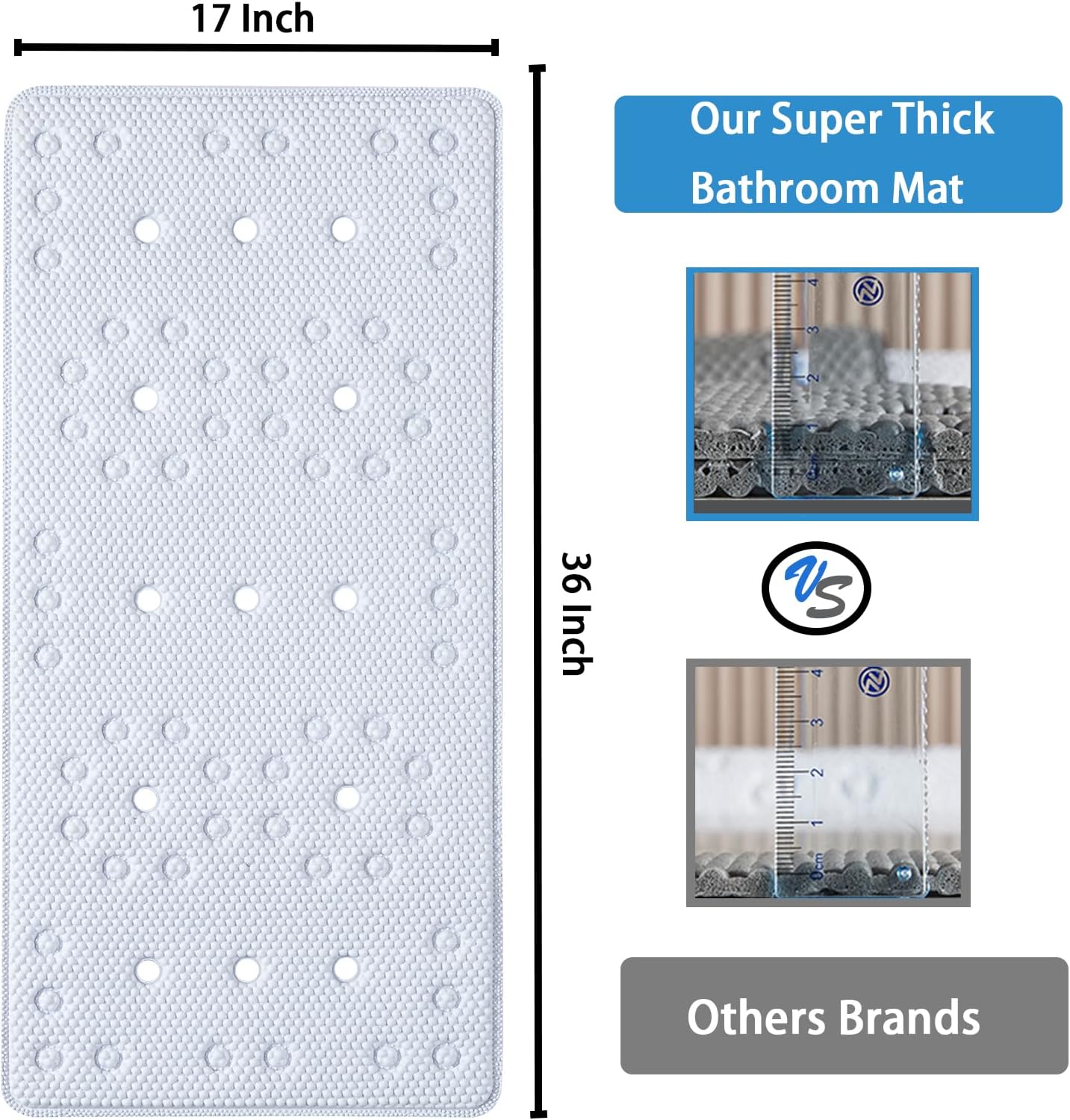 Webos Bathtub Mat Non Slip - Soft Foam Safety Mat with Suction Cups and Drain Holes for Elderly Kids and Home Use White