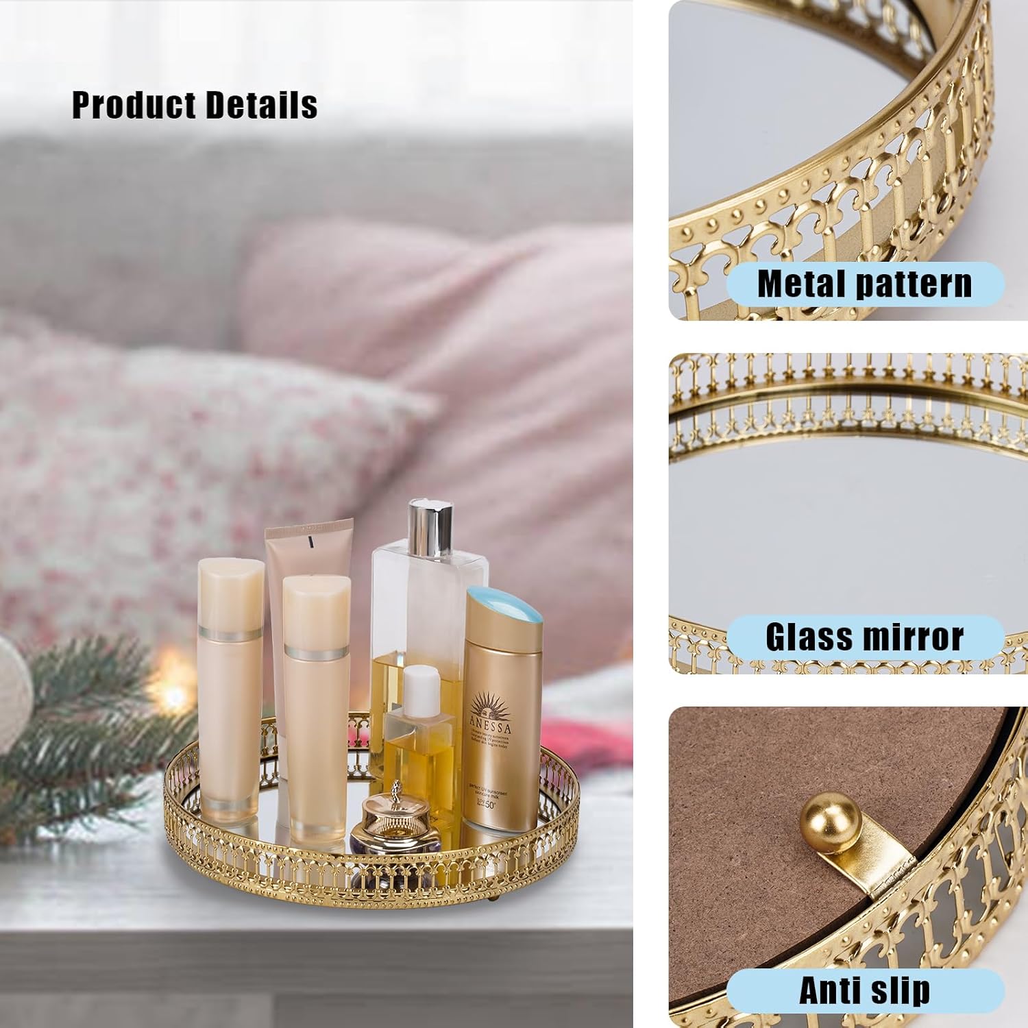 Gold Mirrored Vanity Tray for Bathroom Counter and Home Decor