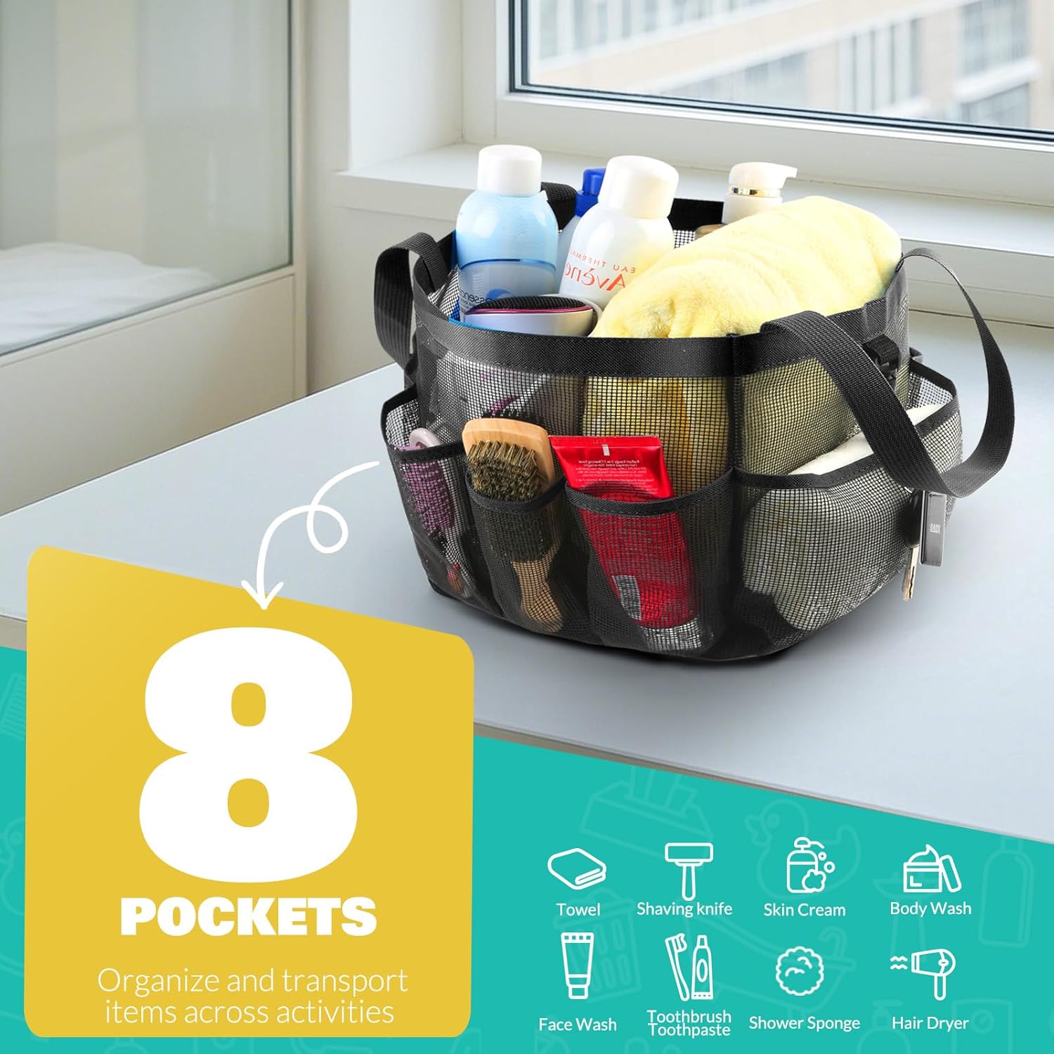 Ellipse Mesh Shower Caddy with 8 Pockets Portable for Dorm Room Travel Gym Beach