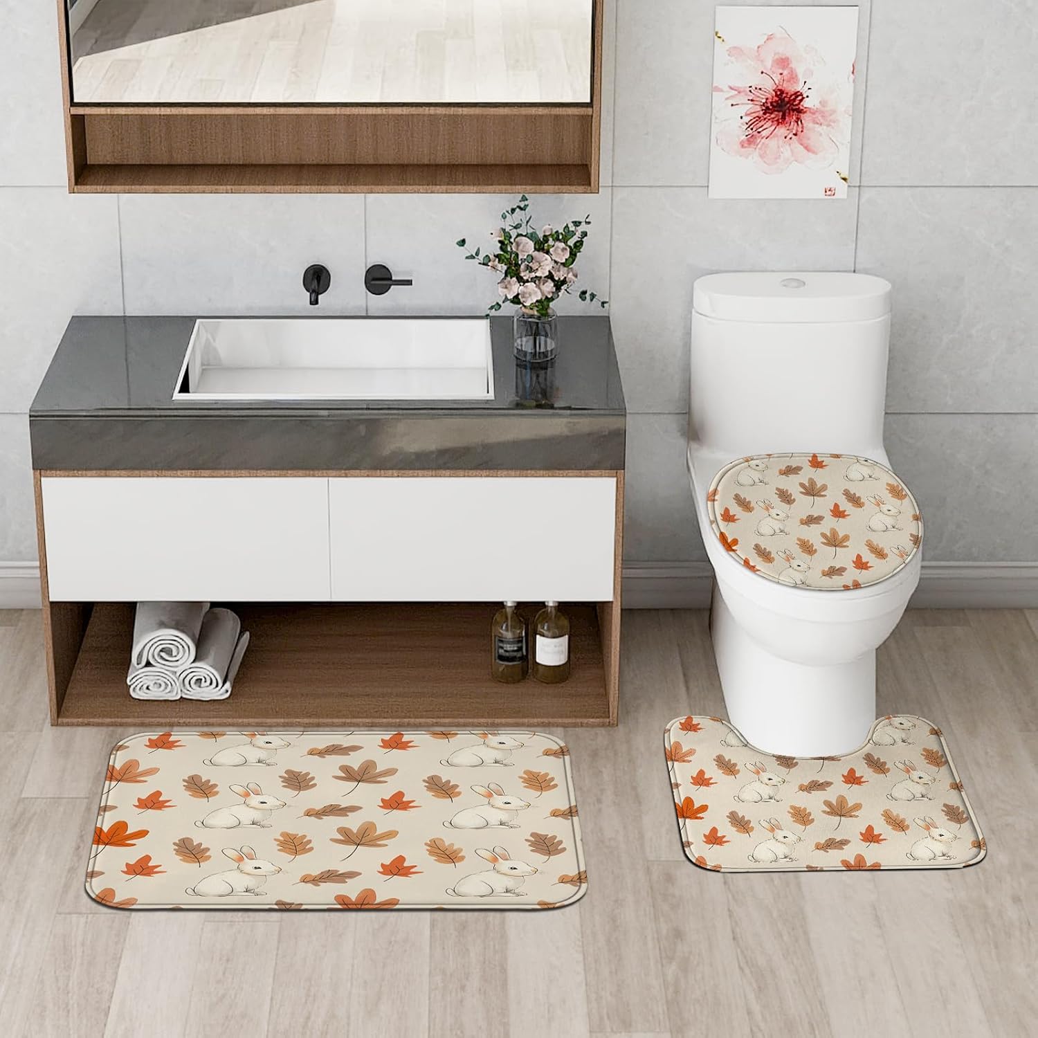 4PCS Fall Cartoon Rabbit Shower Curtain Set with Hooks and Non-Slip Rug