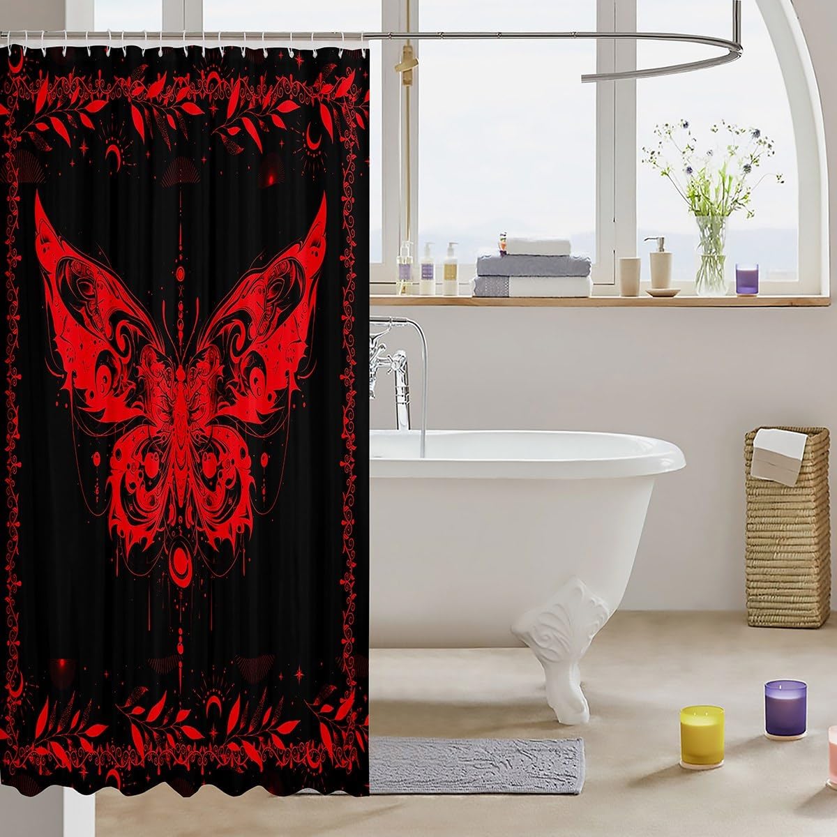 Feelyou Boho Red Butterfly Shower Curtain with 12 Hooks