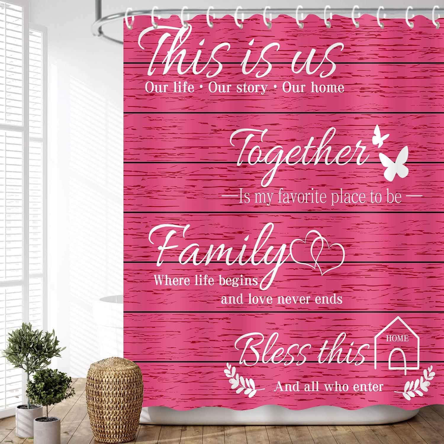 JAWO Family Shower Curtain Set - Pink Wood Design with 12 Hooks