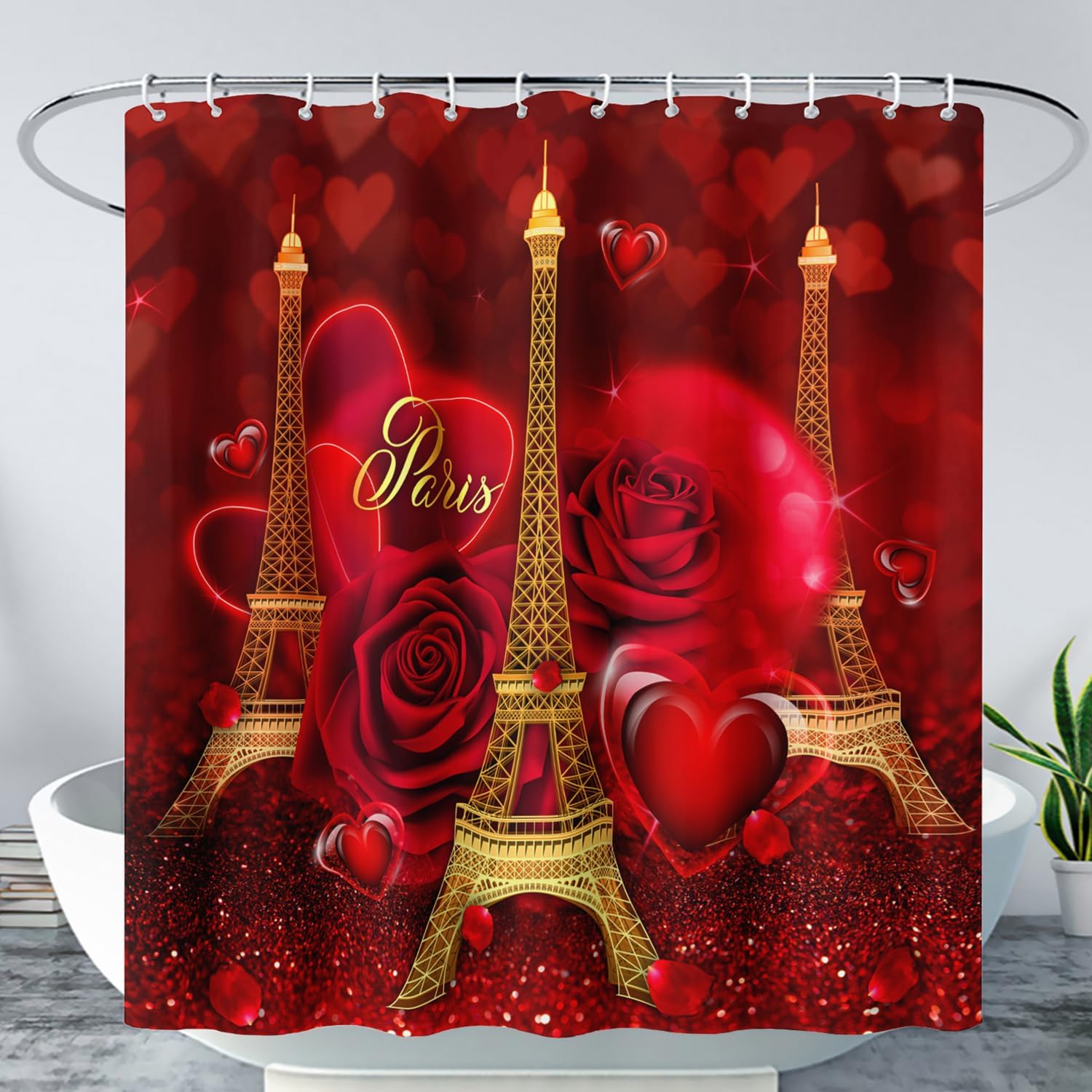 AILONEN 3D Oil Red Rose Shower Curtain Set with Hooks