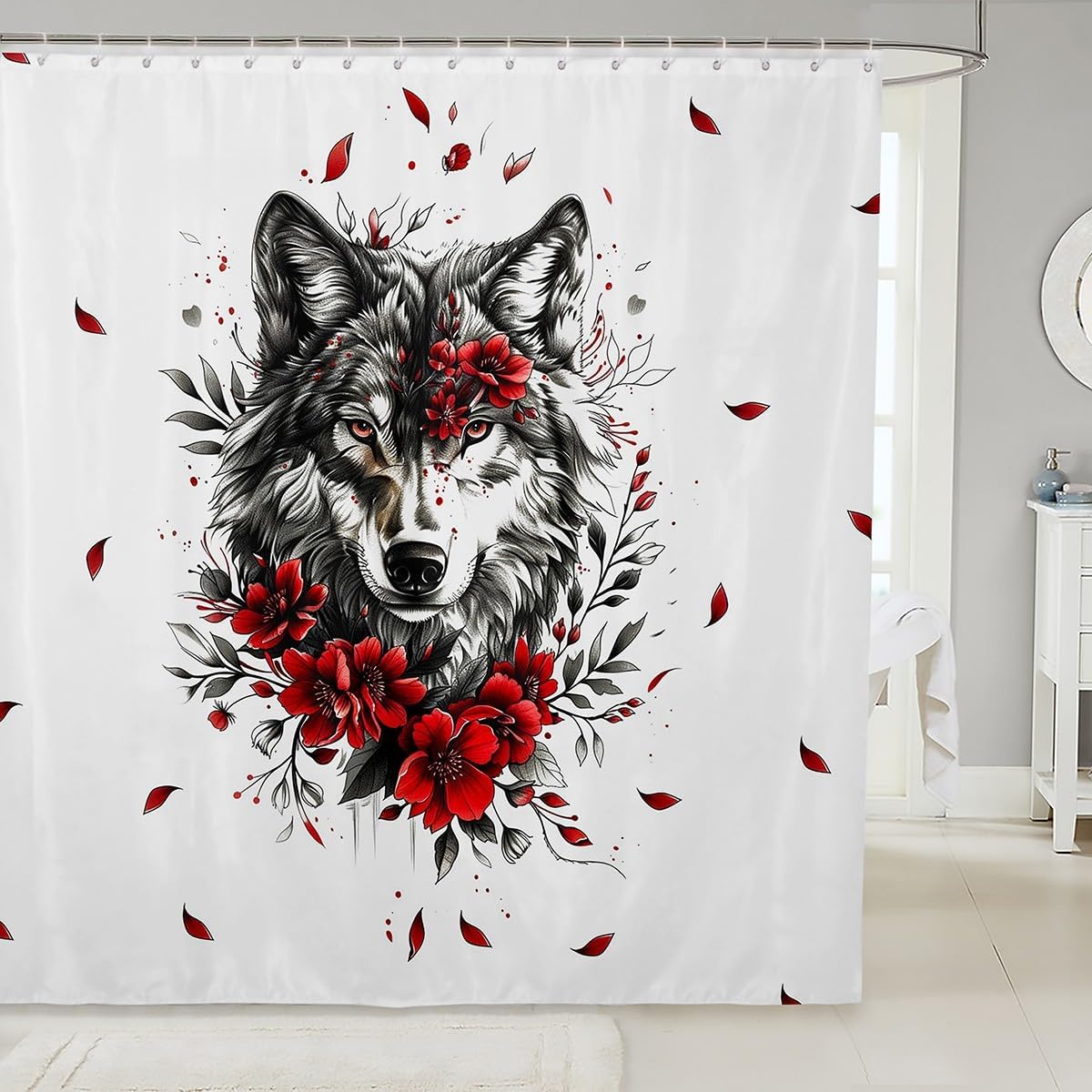 Feelyou Wolf Bath Curtain Set 72x78 Rose Floral