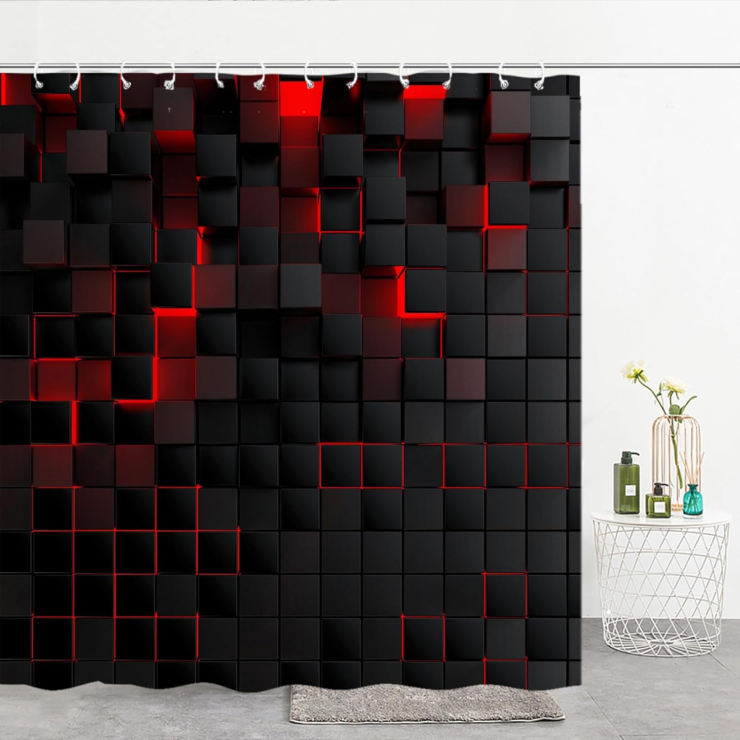 iTapnoom 72x72 Shower Curtain with 12 Hooks 3D Black Brick Design