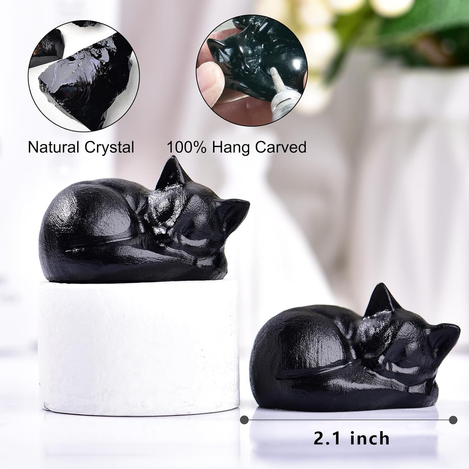 Black Obsidian Cat Statue 21 Inch Healing Crystal Decor for Home Office Desk