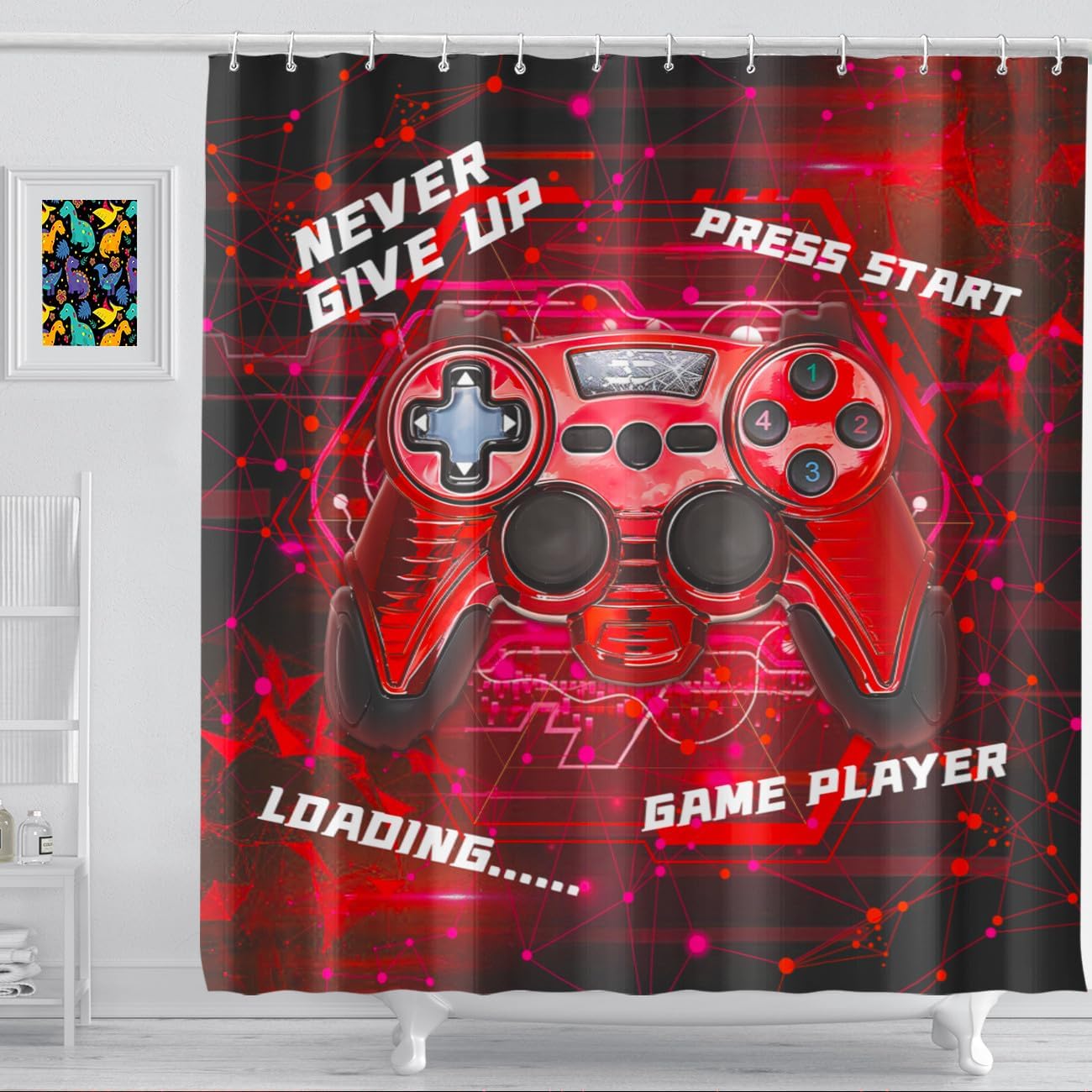 Gaming Shower Curtain for Boys - 60x72 Red Set with 12 Hooks