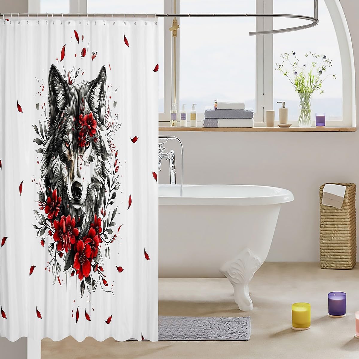 Feelyou Wolf Bath Curtain Set 72x78 Rose Floral