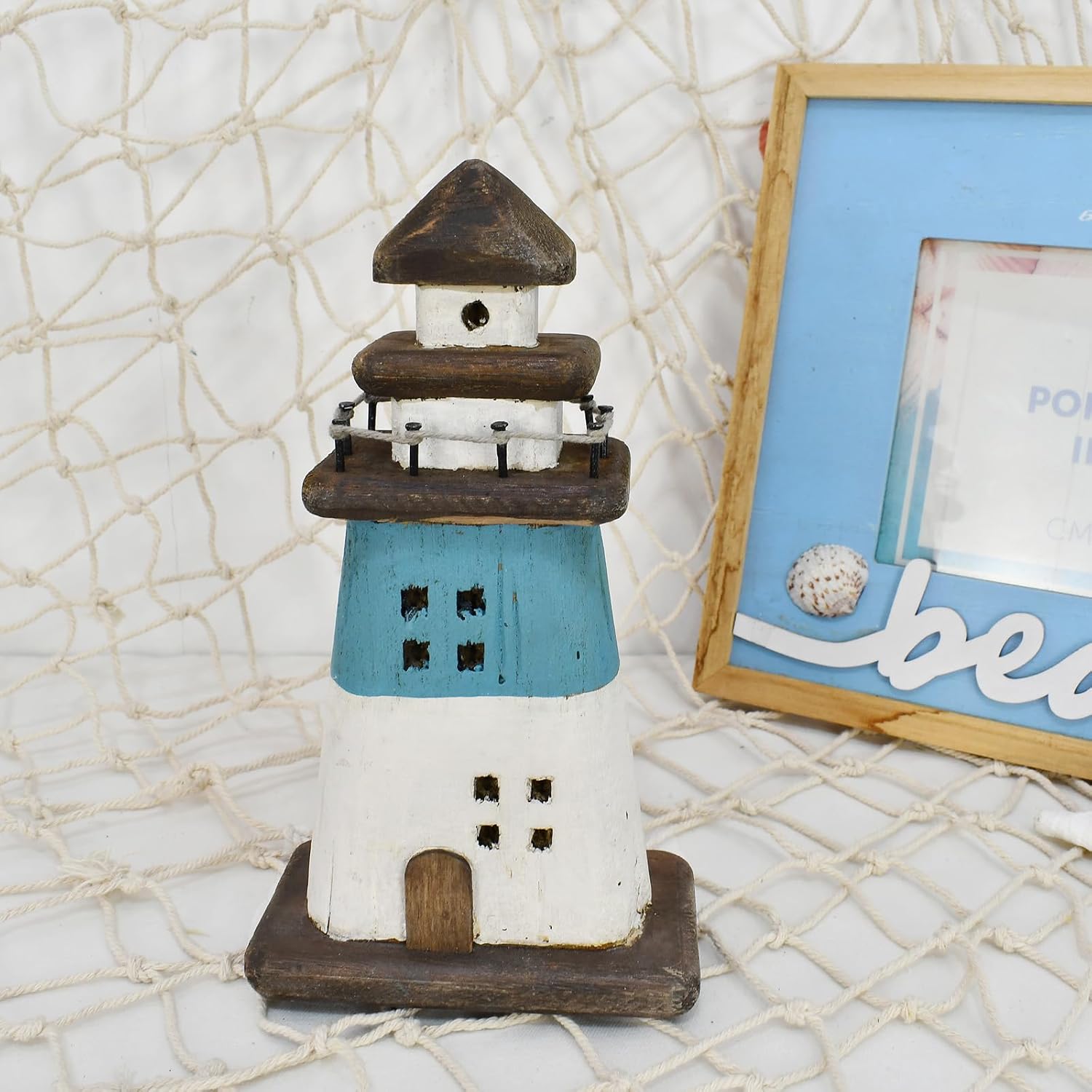 Wooden Lighthouse Decor Blue Nautical Centerpiece 1