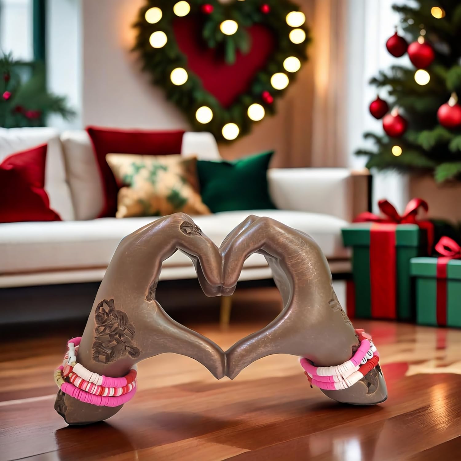 Heart-Shaped Hands Sculpture with Bracelets Brown Resin Love Statue for Home Decor
