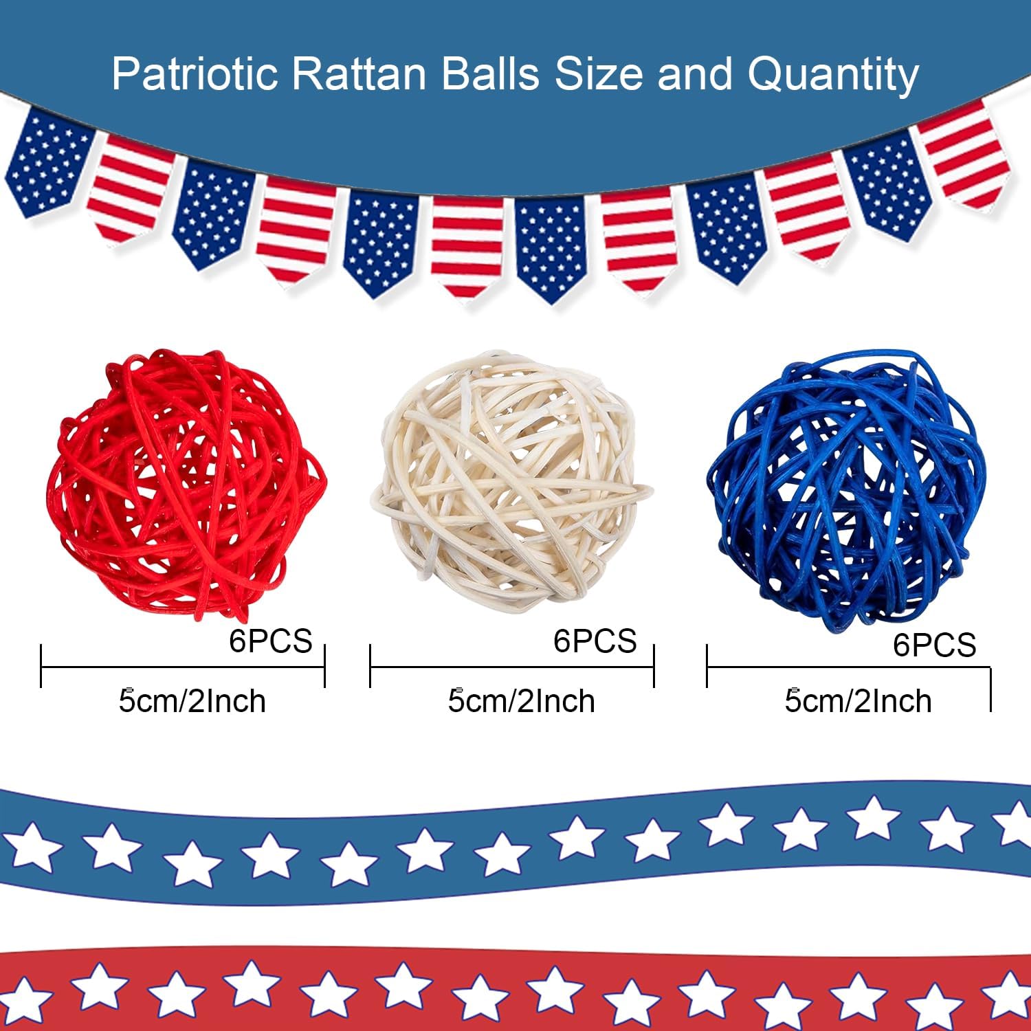 JOYWU 18Pcs 2 Inch Patriotic Rattan Decorative Balls Set for Independence Day Decorations