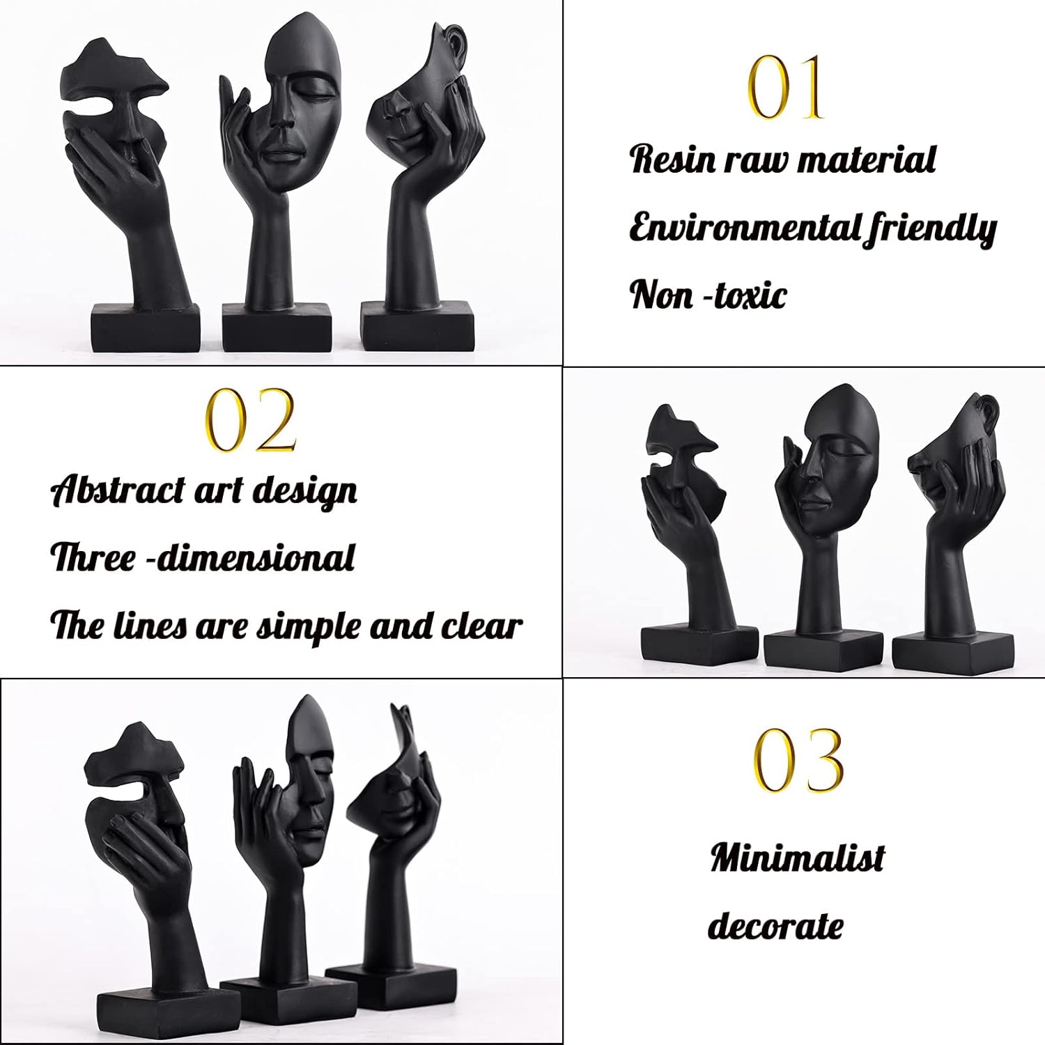 3 Pcs Black Abstract Art Statues Set for Home Decor
