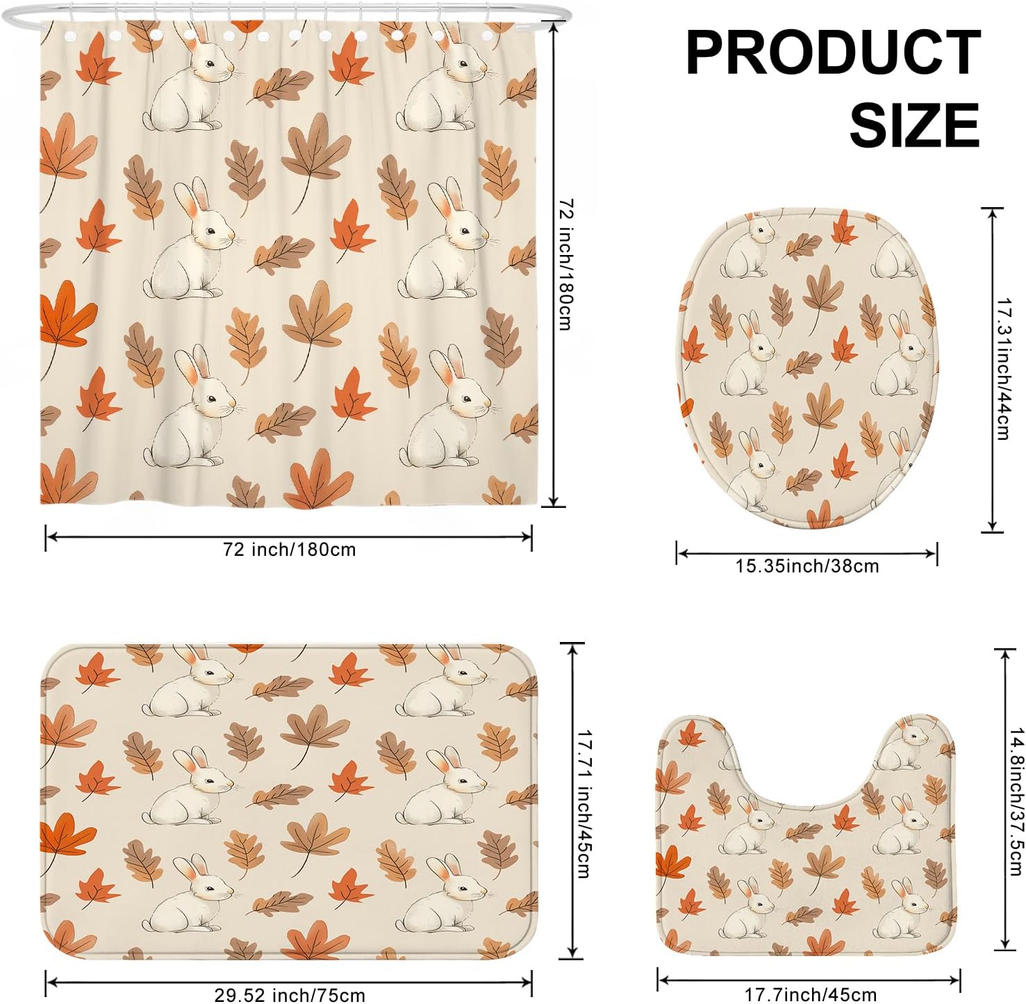 4PCS Fall Cartoon Rabbit Shower Curtain Set with Hooks and Non-Slip Rug