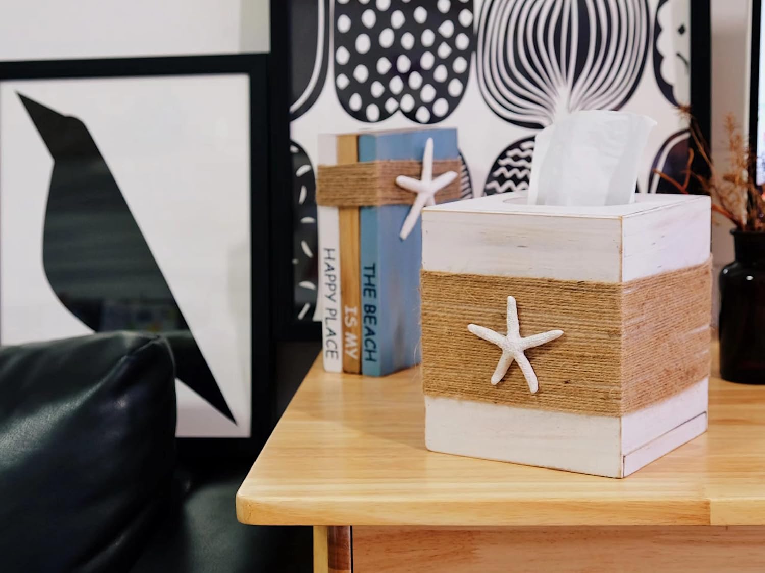 SOMTO Rustic White Wood Tissue Box Cover with Starfish Design