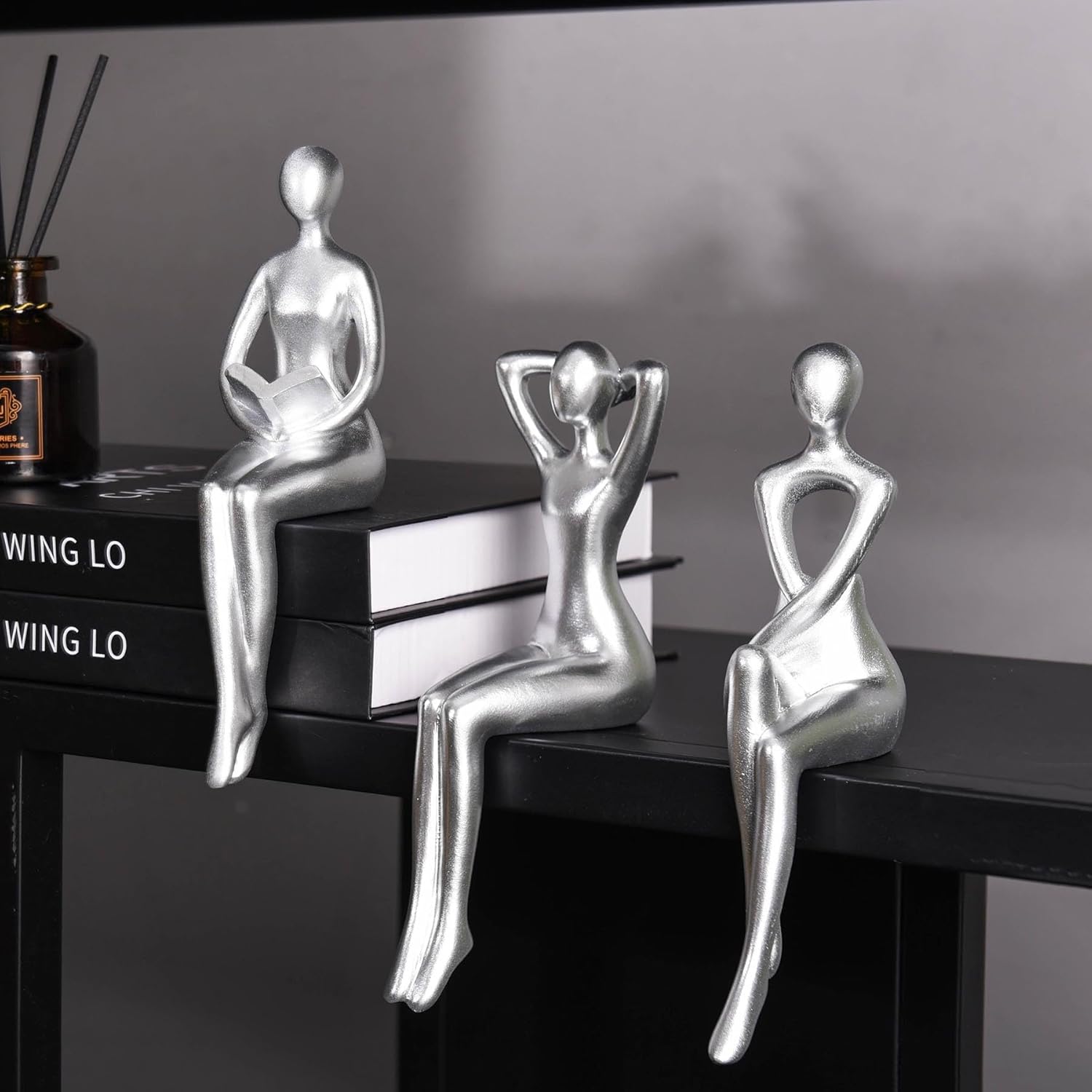 Quoowiit 3-Piece Thinker Statue Silver Sculpture Desk Decor
