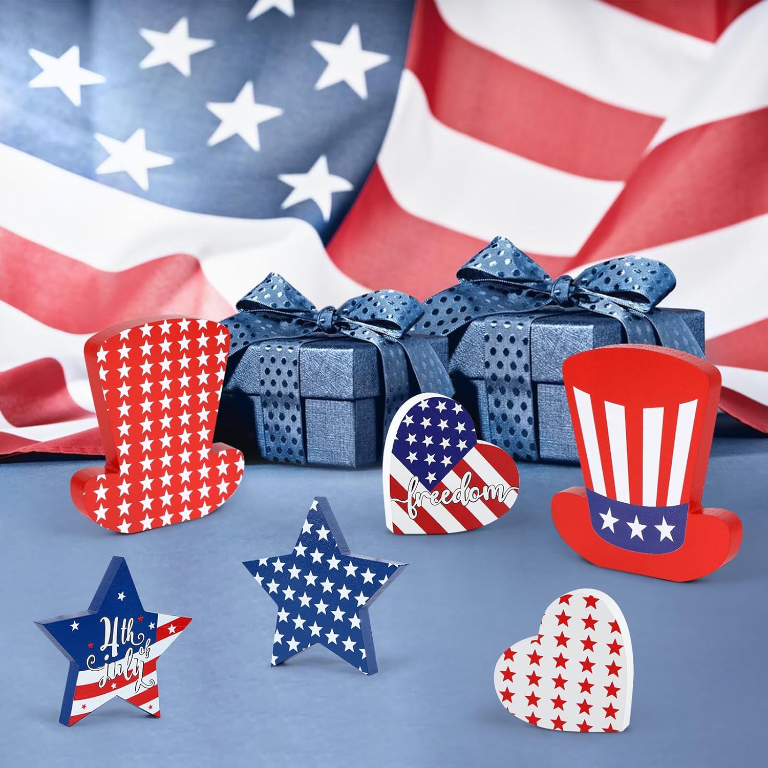 WENMAQIN 4th of July Decor Wooden Star Signs Set 6PCS