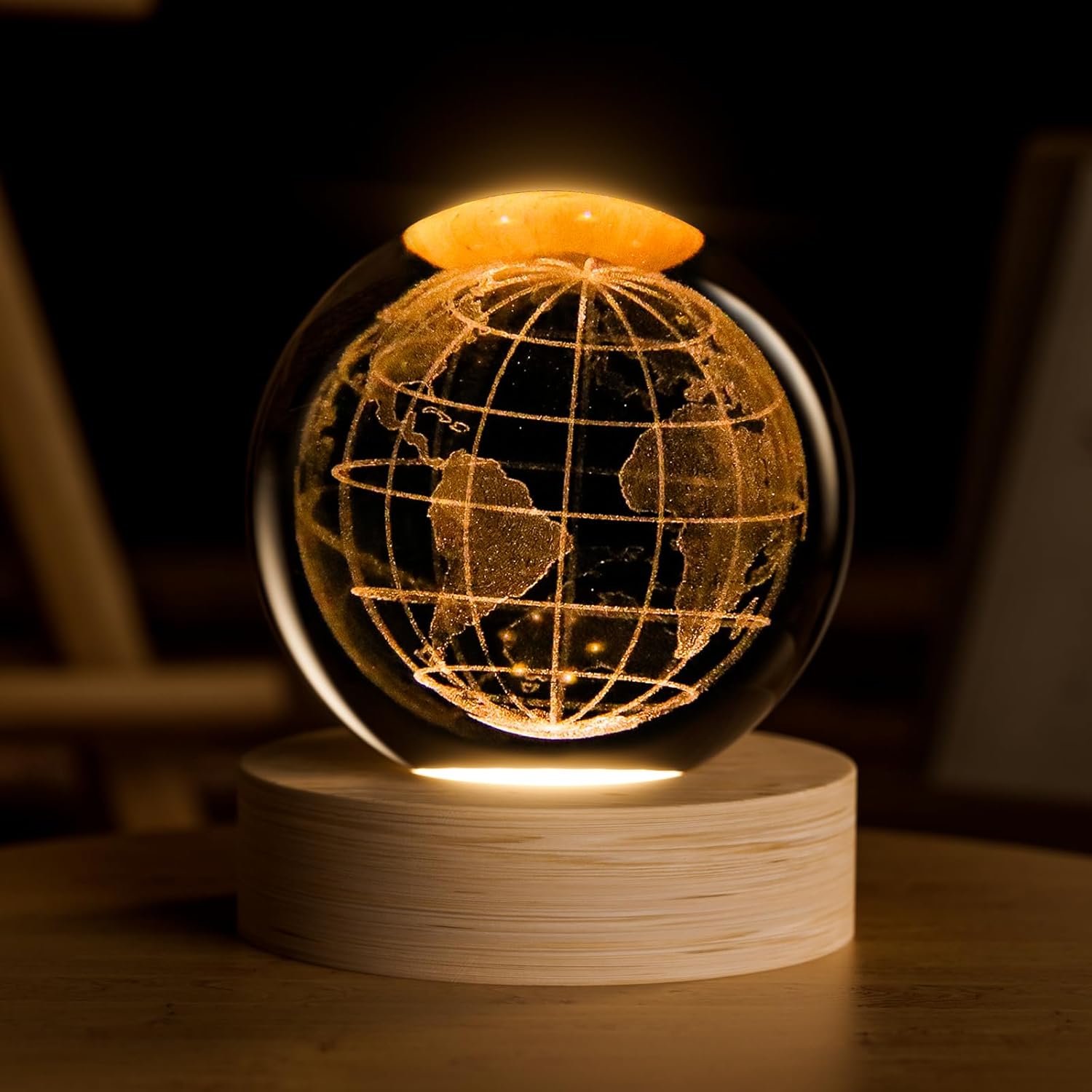 Moon Crystal Ball with LED Light and Wooden Base