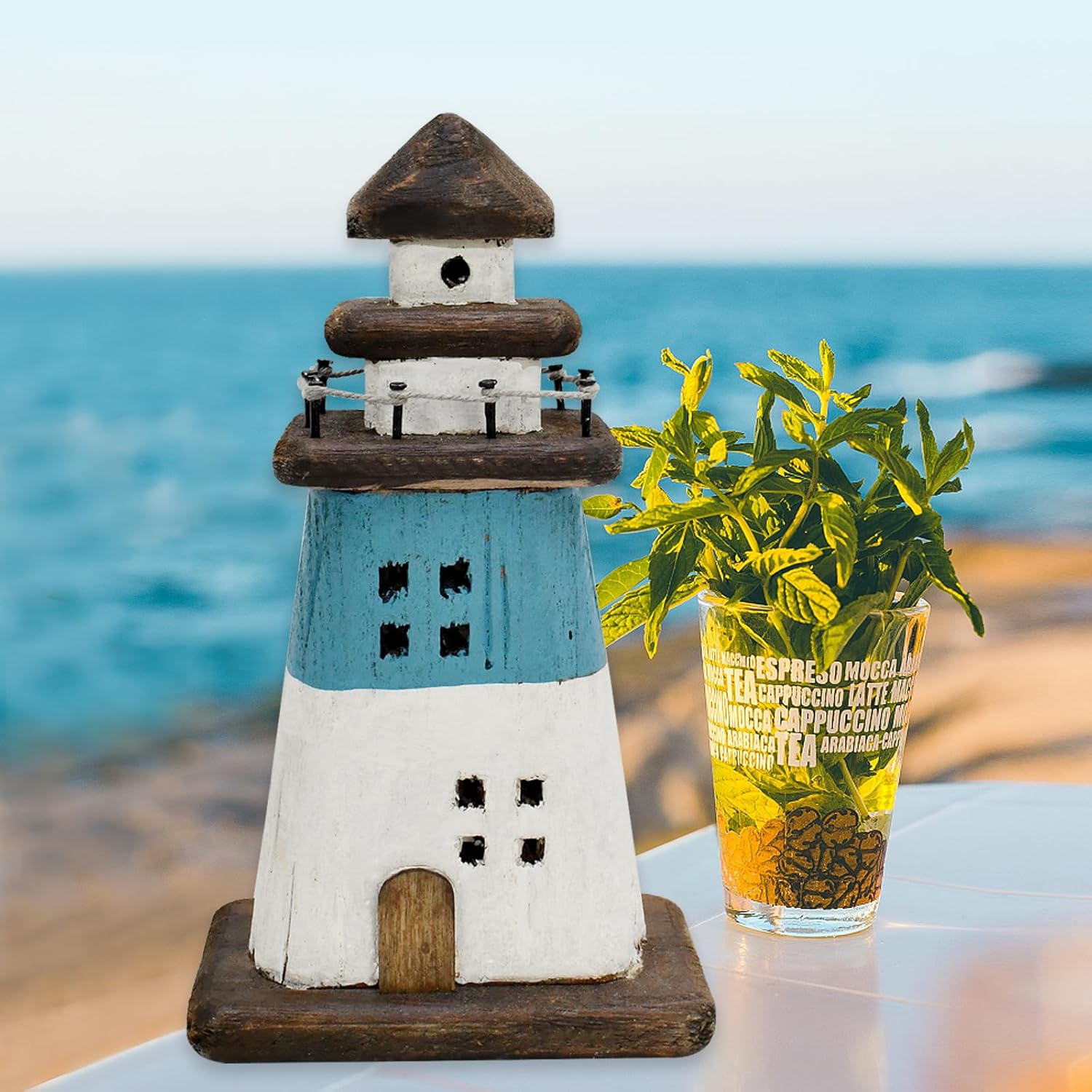 Wooden Lighthouse Decor Blue Nautical Centerpiece 1