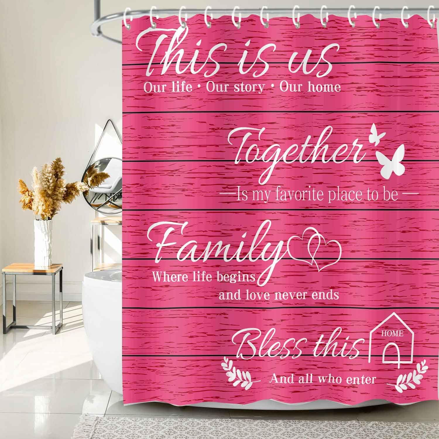 JAWO Family Shower Curtain Set - Pink Wood Design with 12 Hooks