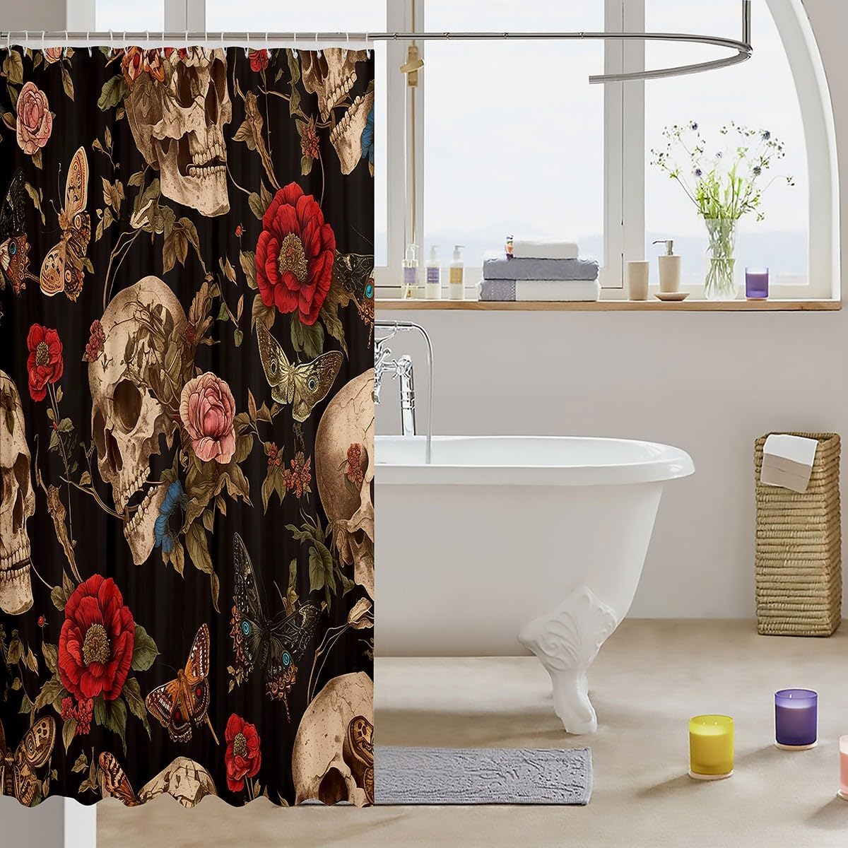 Feelyou Sugar Skull Rose Shower Curtain Set 72x72 Death Moth Gothic Floral Bath Curtain