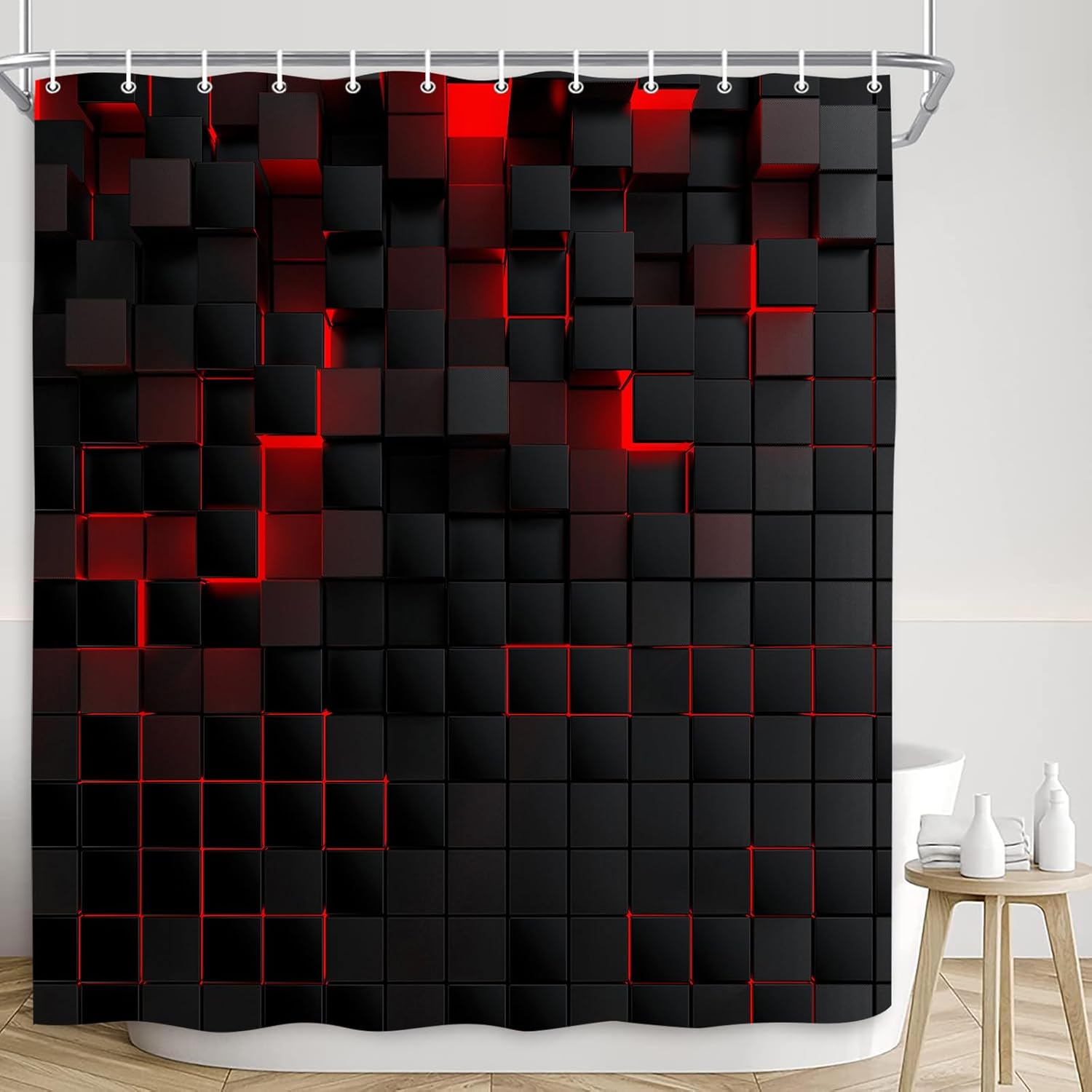 iTapnoom 72x72 Shower Curtain with 12 Hooks 3D Black Brick Design