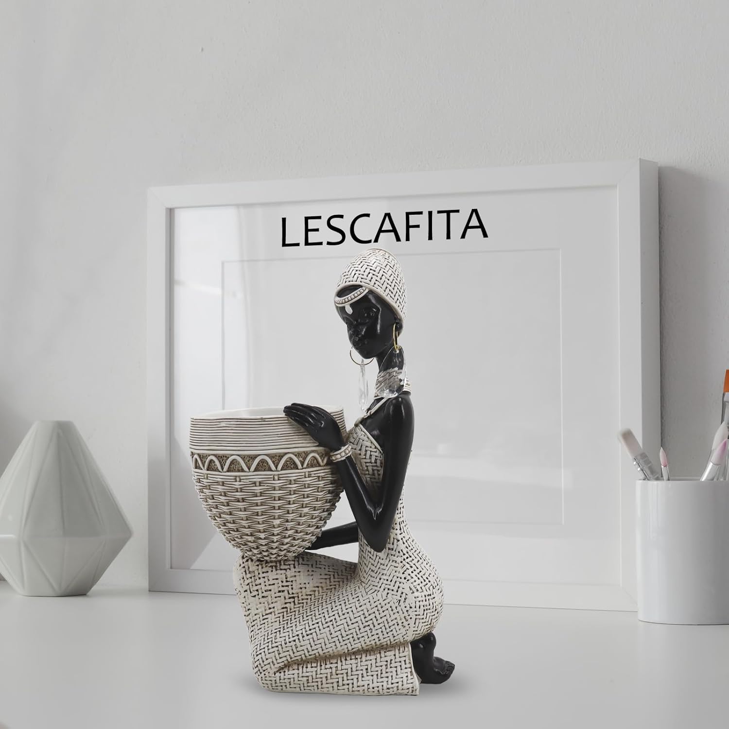 Handmade White Tribal Woman Sculpture with Crystal Earrings