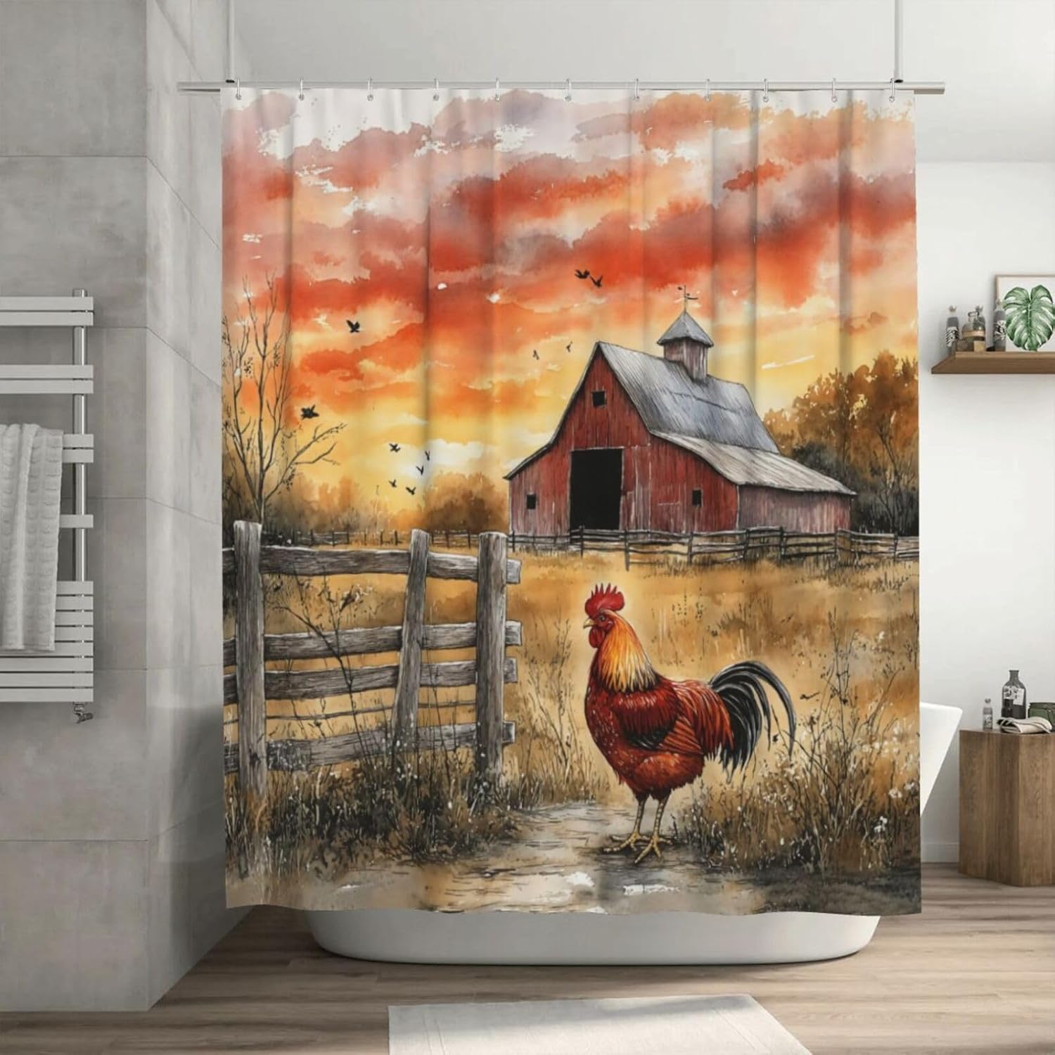 SCECALA Rustic Farm Barn Shower Curtain Red Barn Chicken Wood Fence 70x70 Inch