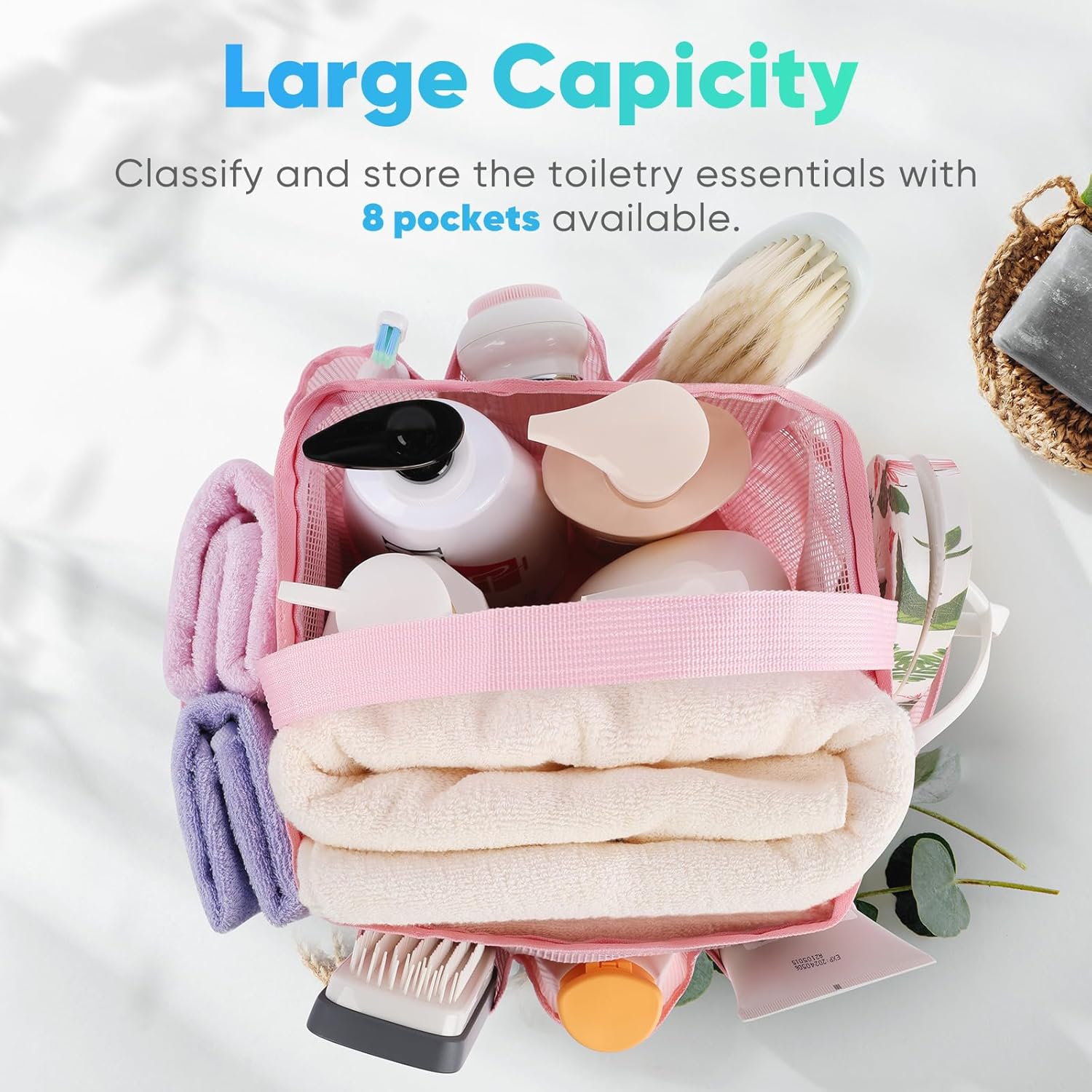 EUDELE Portable Shower Caddy with 8-Pocket Large Capacity - Pink