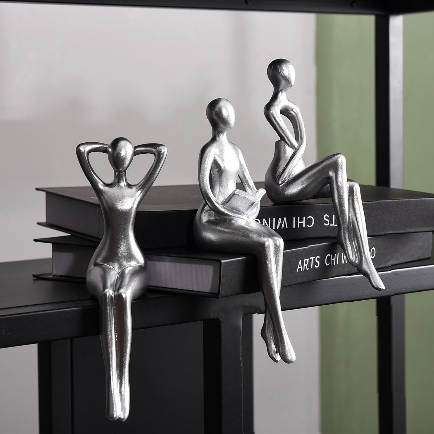 Quoowiit 3-Piece Thinker Statue Silver Sculpture Desk Decor