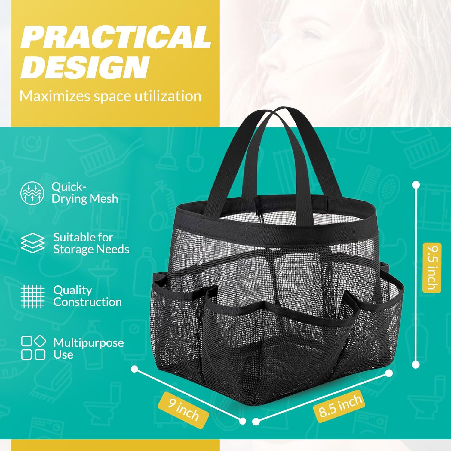 Ellipse Mesh Shower Caddy with 8 Pockets Portable for Dorm Room Travel Gym Beach