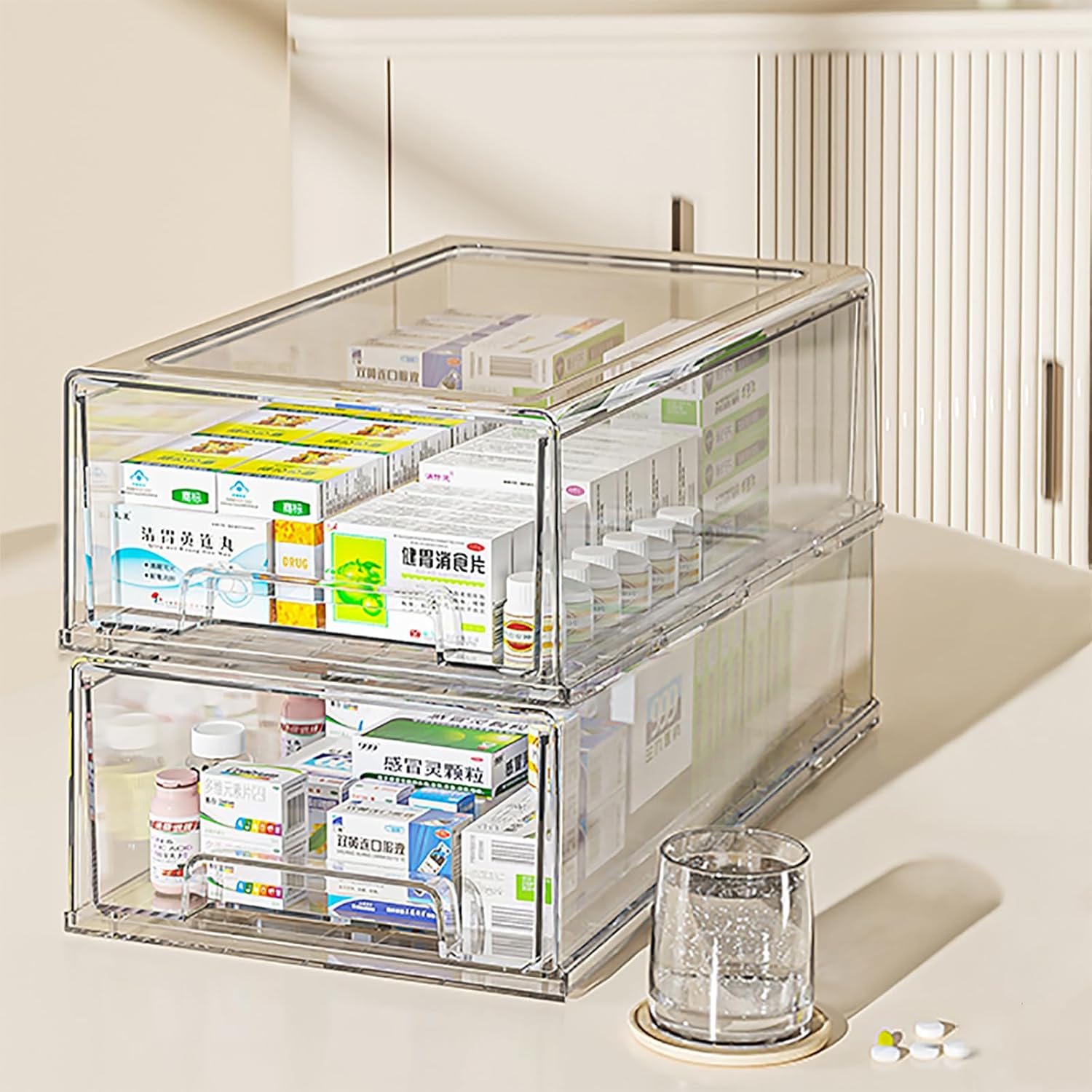 2 Pack Clear Medicine Storage Drawer with Pull Handle