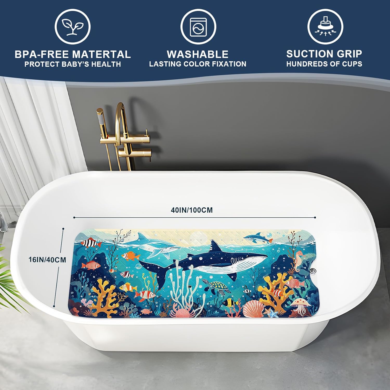 XIYUNTE Kids Bath Mat - 40x16 Non Slip with Suction Cups and Drain Holes