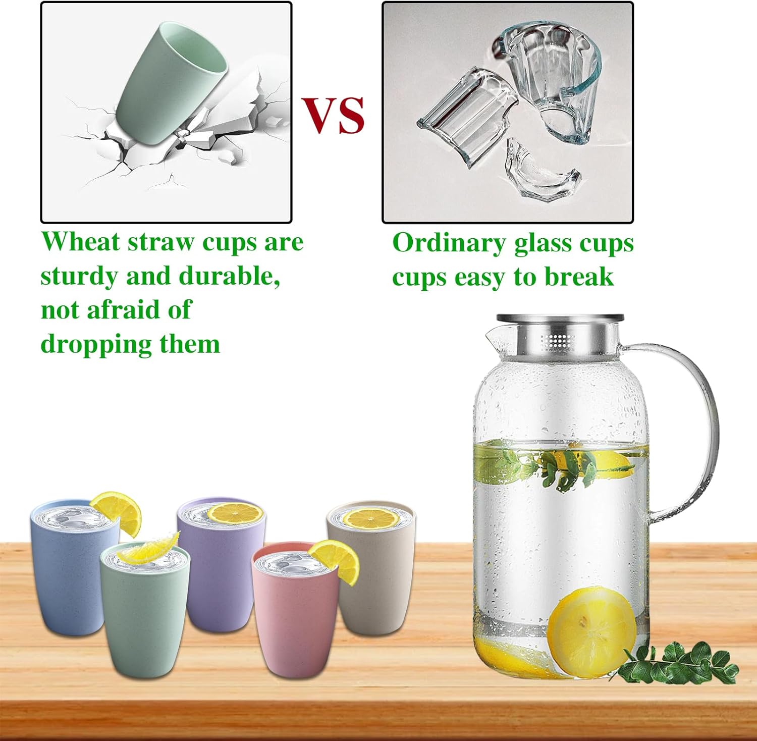 Zgwansui 5-Pack Green Wheat Straw Tumblers 12OZ Reusable Stackable Cups