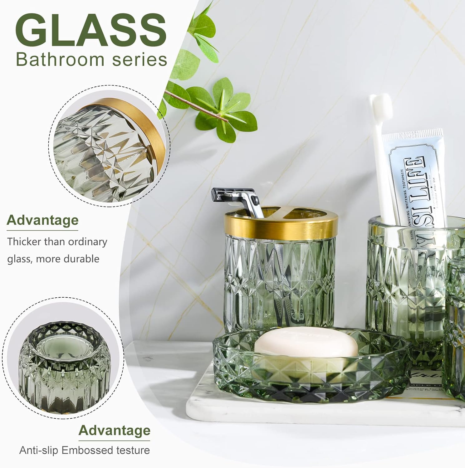 LaMarriti Green Bathroom Accessories Set 5Pcs Clear Glass