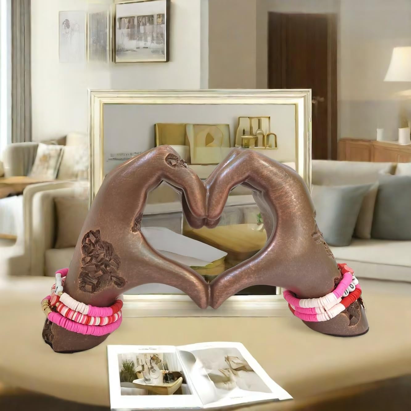 Heart-Shaped Hands Sculpture with Bracelets Brown Resin Love Statue for Home Decor